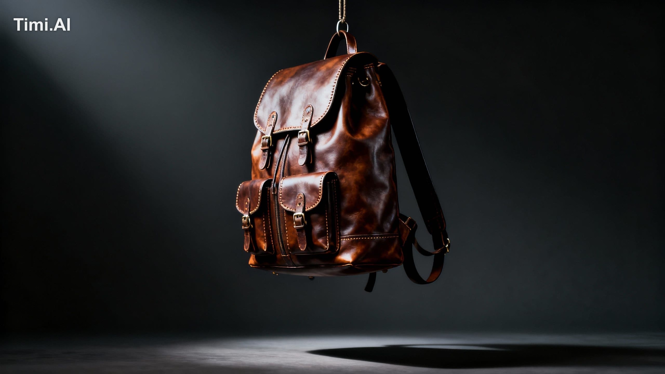 Premium leather backpack hanging mid-air against dark gradie