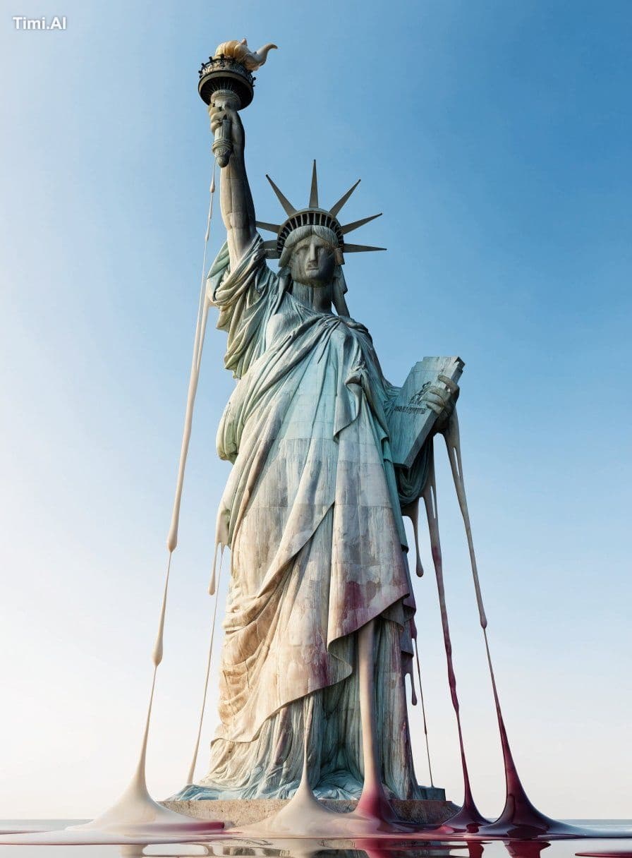 Cinematic wide shot showing the ENTIRE Statue of Liberty fro