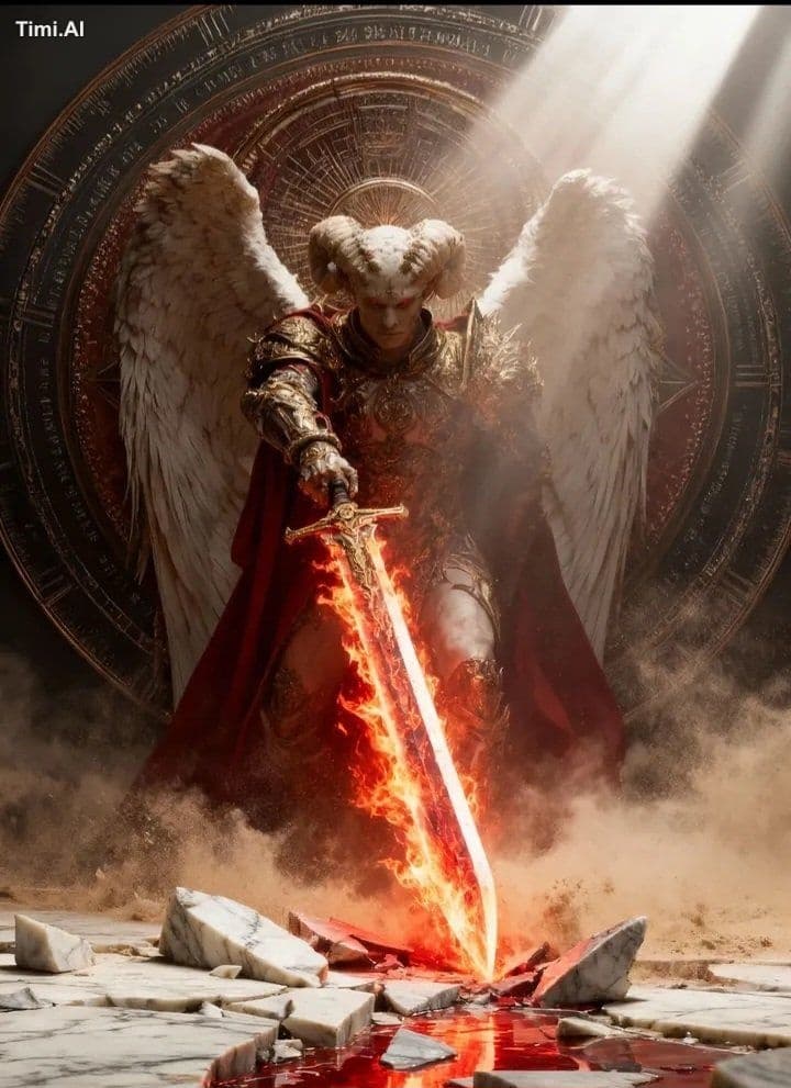 A divine fallen angel warrior kneeling in the center of an a