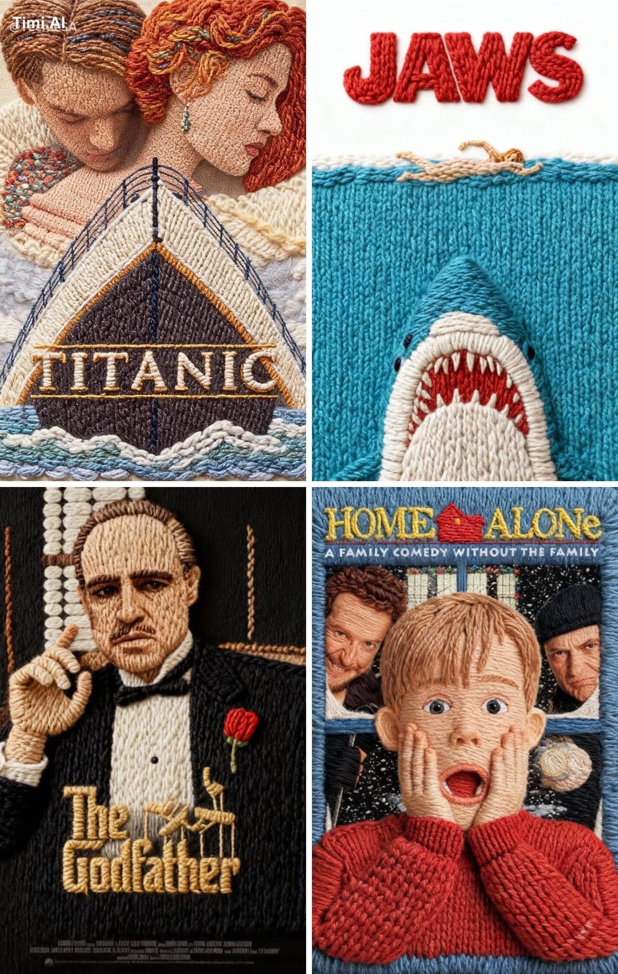 Transform this movie poster into a hand-knitted artwork, mad