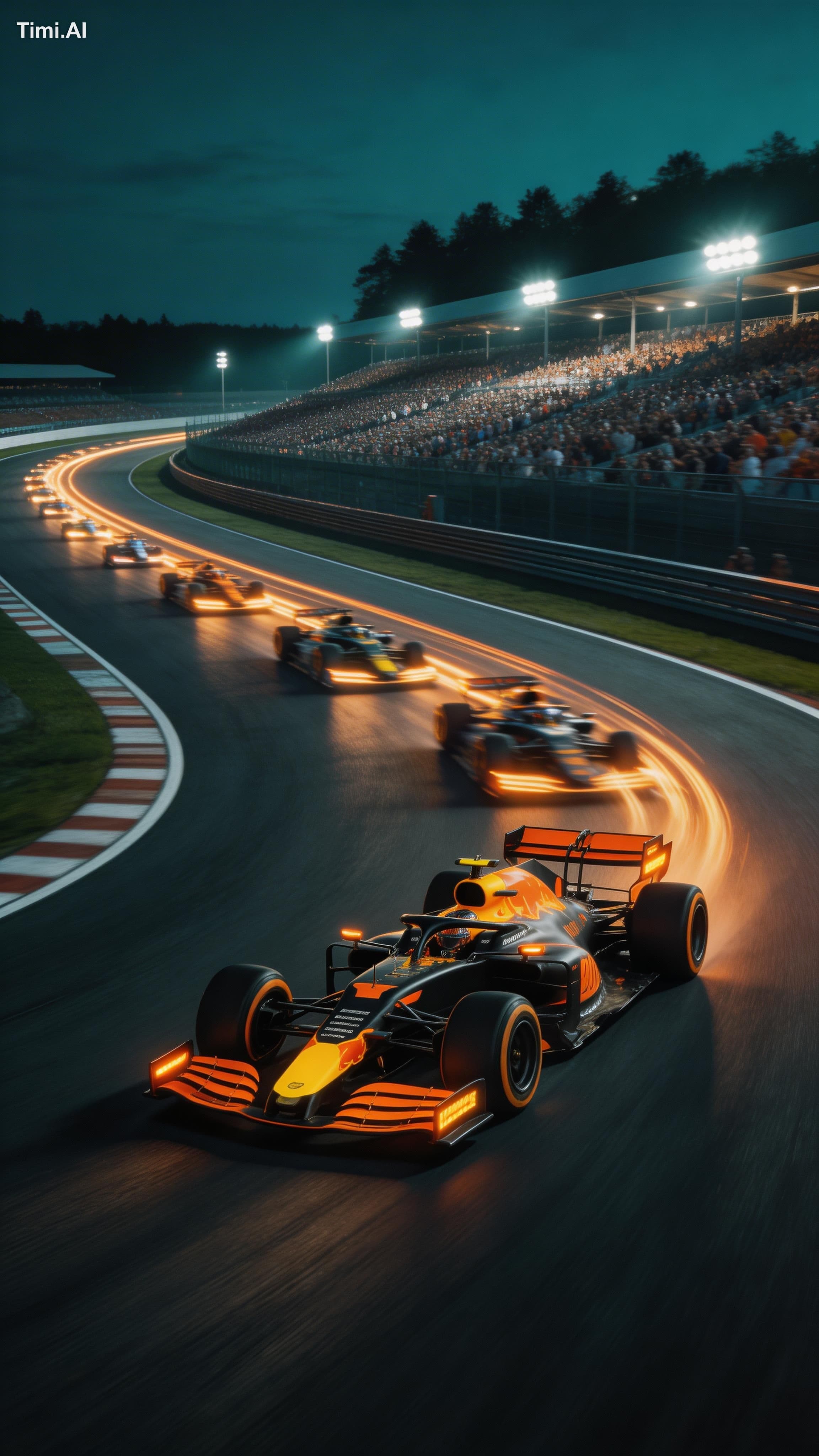 A high-angle, long-exposure shot of a Formula 1 night race, 