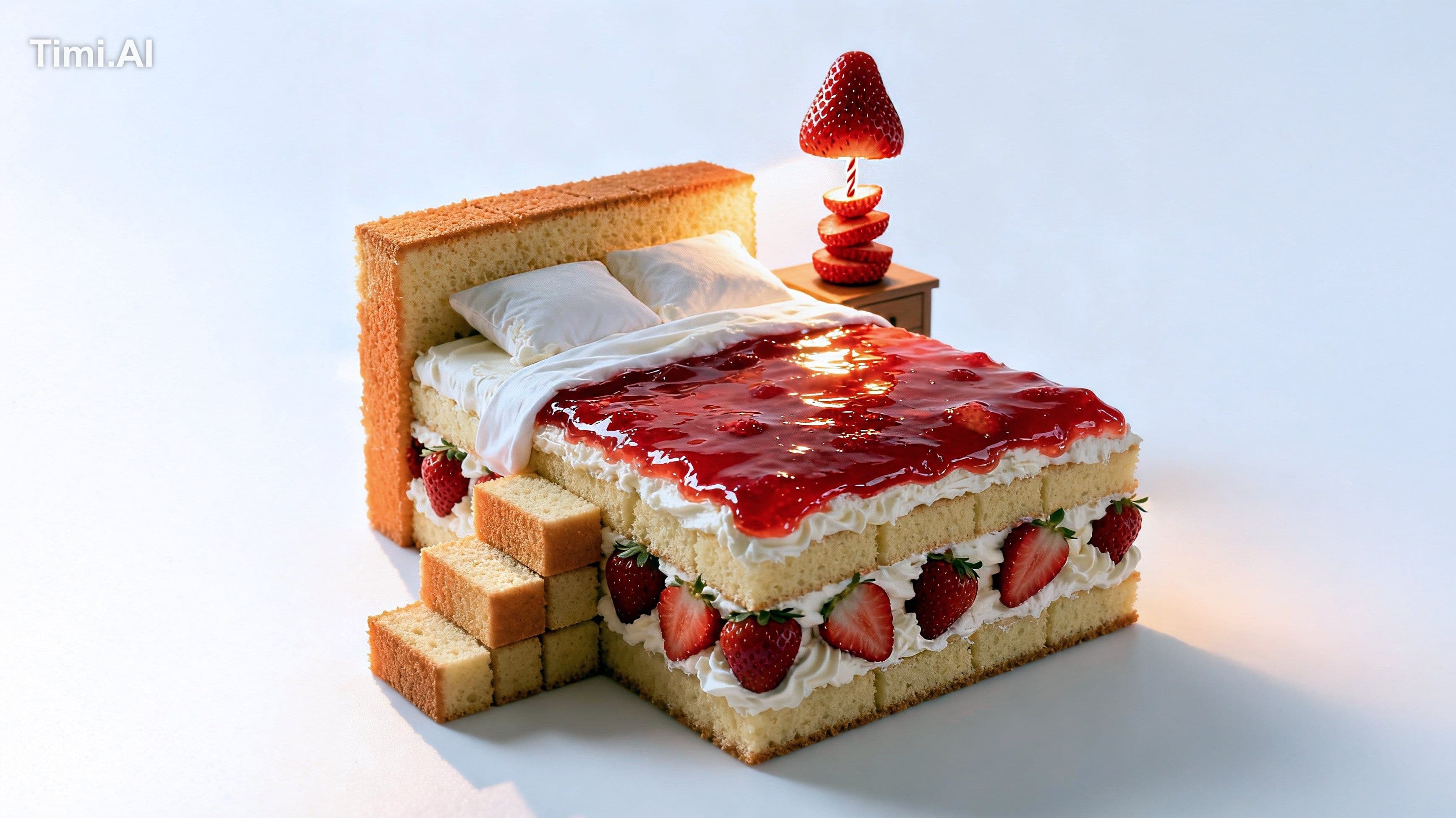 Photorealistic editorial food art portrait, a bedroom bed re