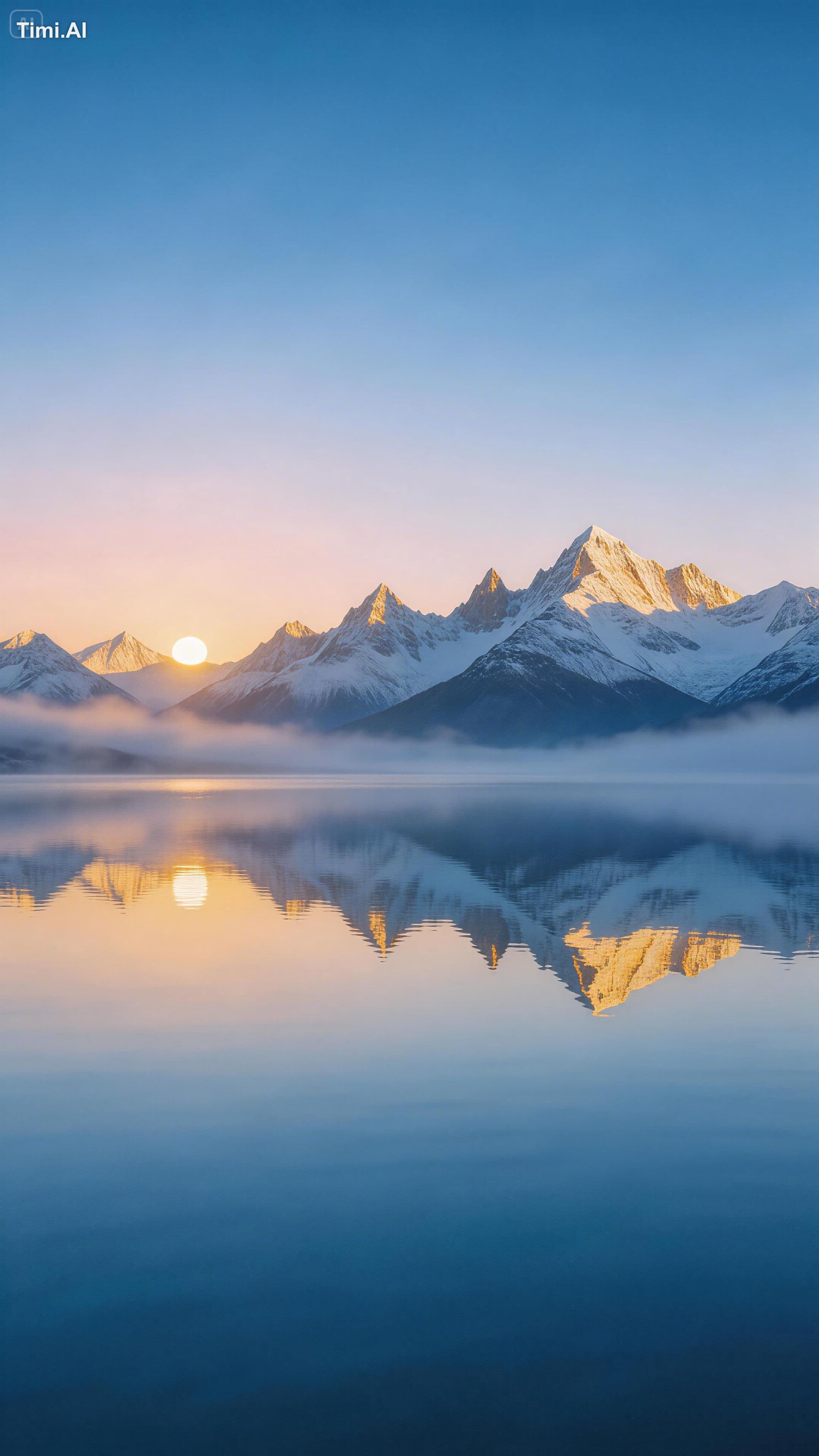Panoramic view of snow-capped mountain peaks over a calm lak