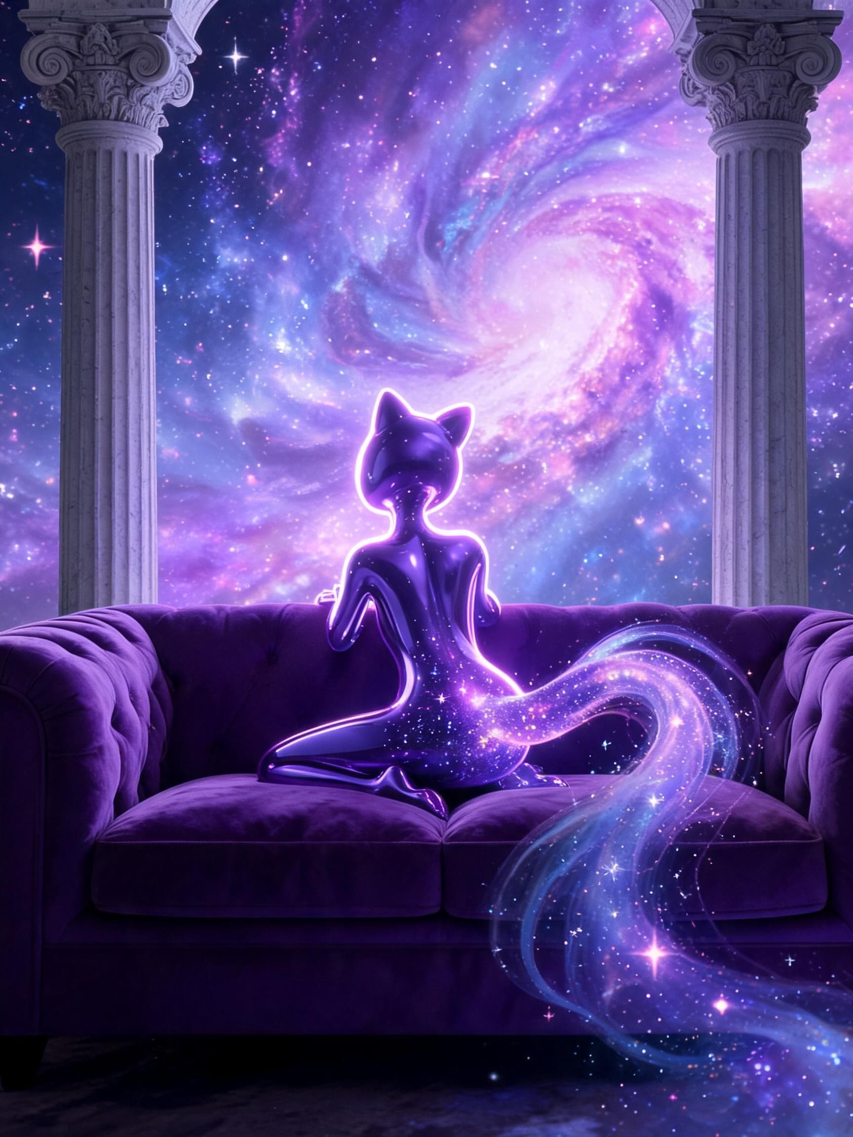 A glossy, anthropomorphic purple figure with a celestial, st