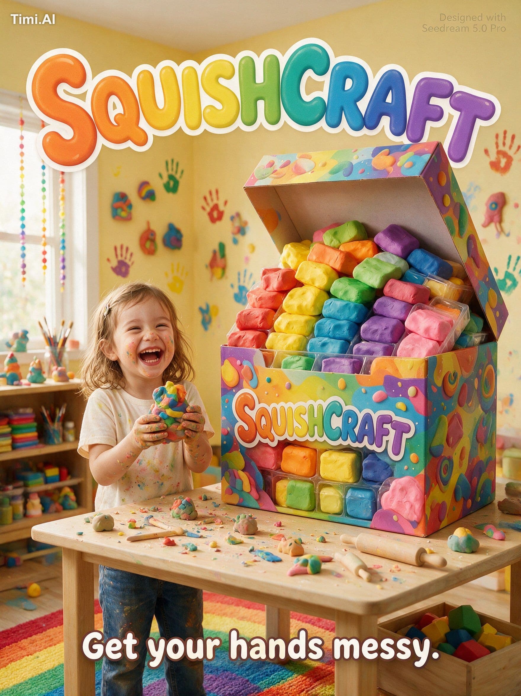 A messy fun kids advertisement poster. A laughing young girl
