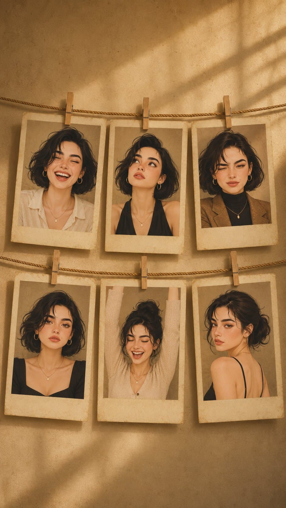 Create a warm vintage aesthetic collage featuring six Polaro