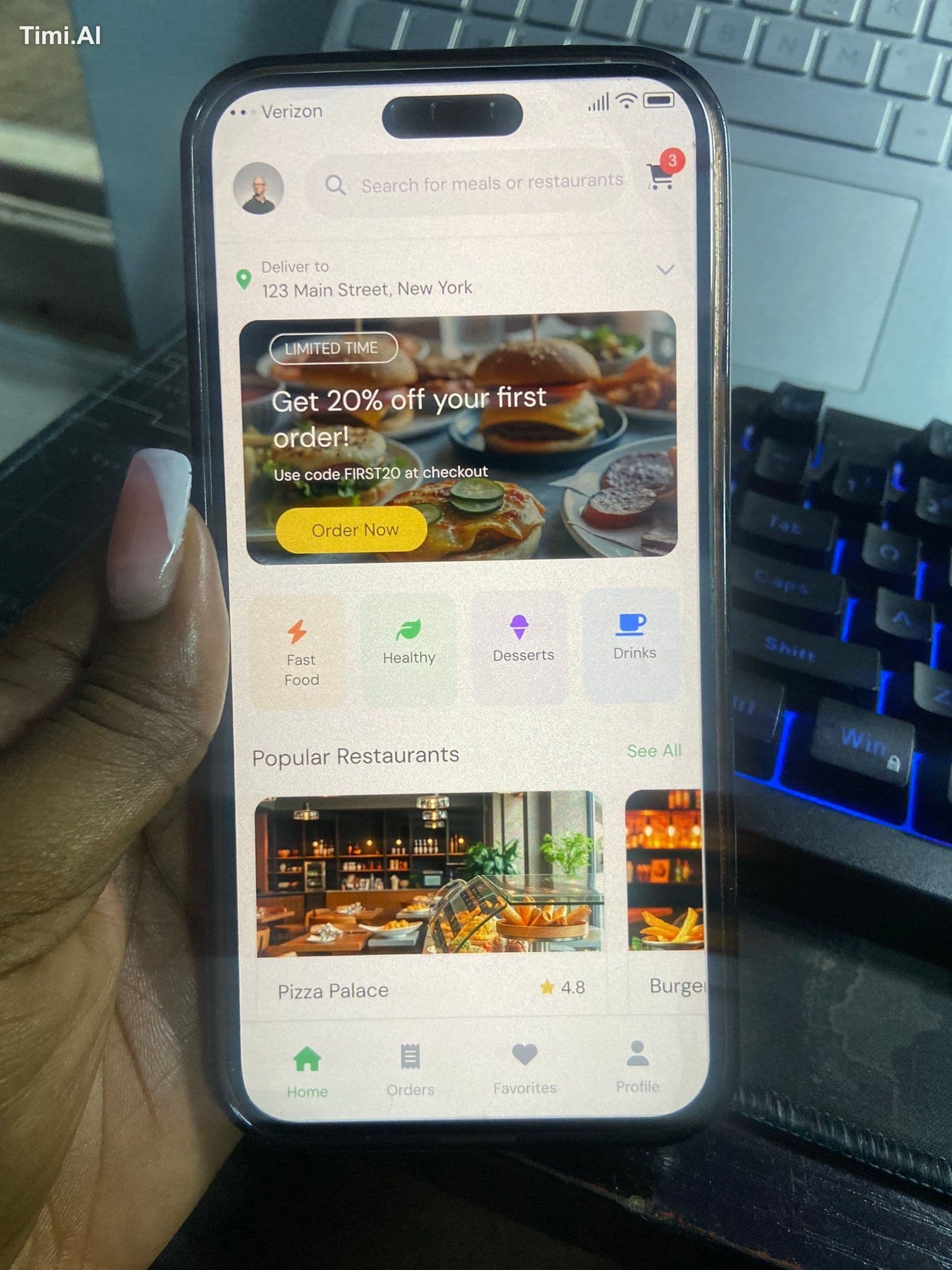 Design a Home screen for a Food Delivery App.

Top bar with 