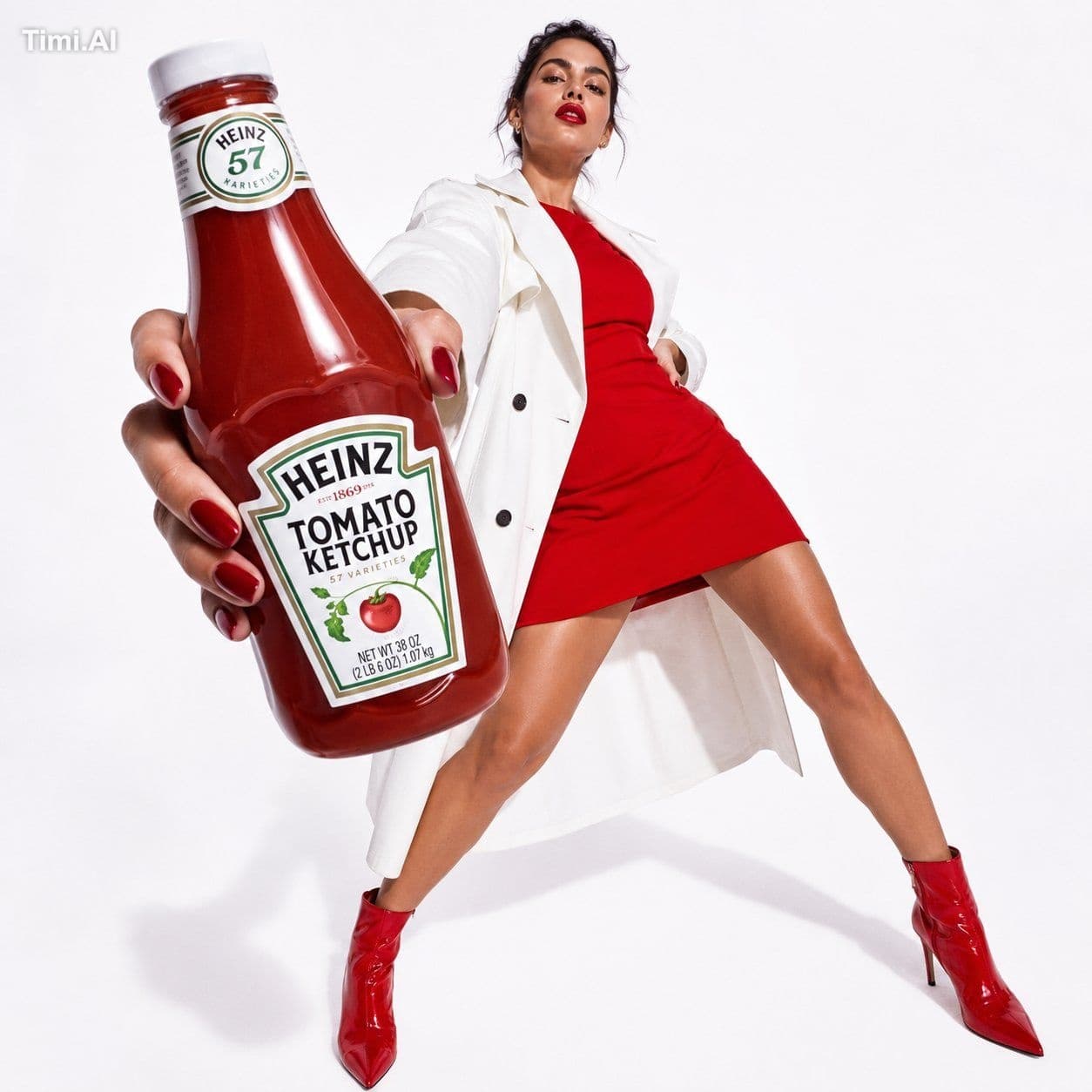 Low-angle fashion campaign photograph of a confident model h