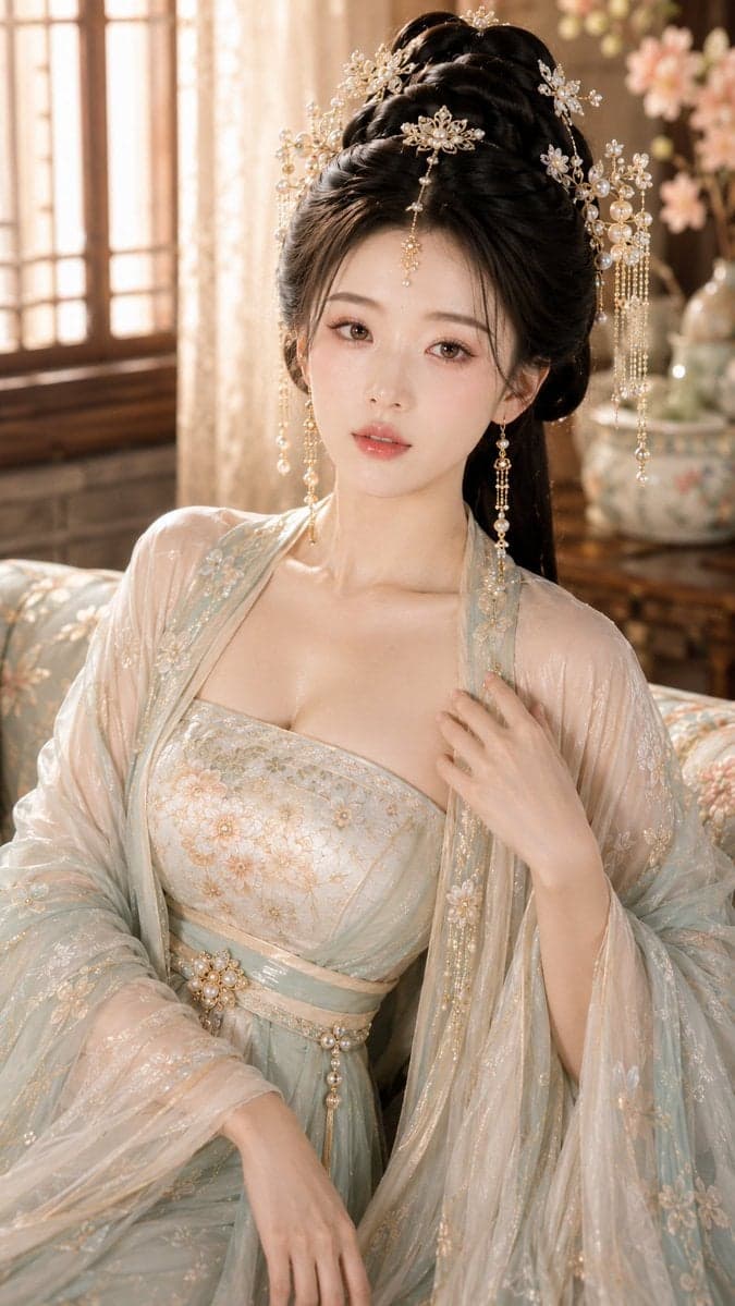 主题风格：古风贵女高级水光写真
身份气质：高门贵女，温柔、清贵、富养、娴静
妆感目标：奶杏琥珀高光水光妆
服装级别：清贵