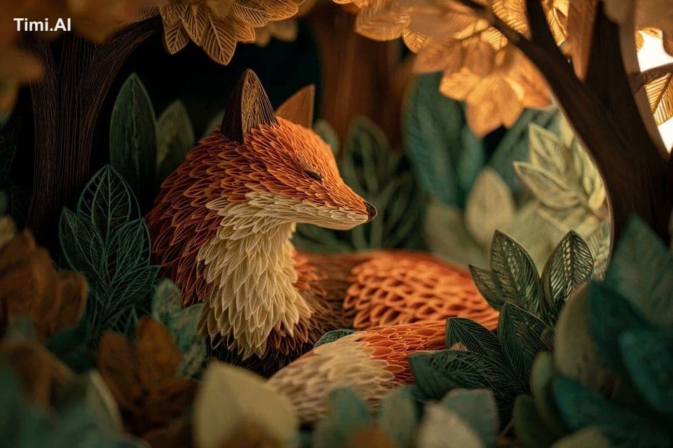 A [subject] crafted from layered hand-cut paper, with intric