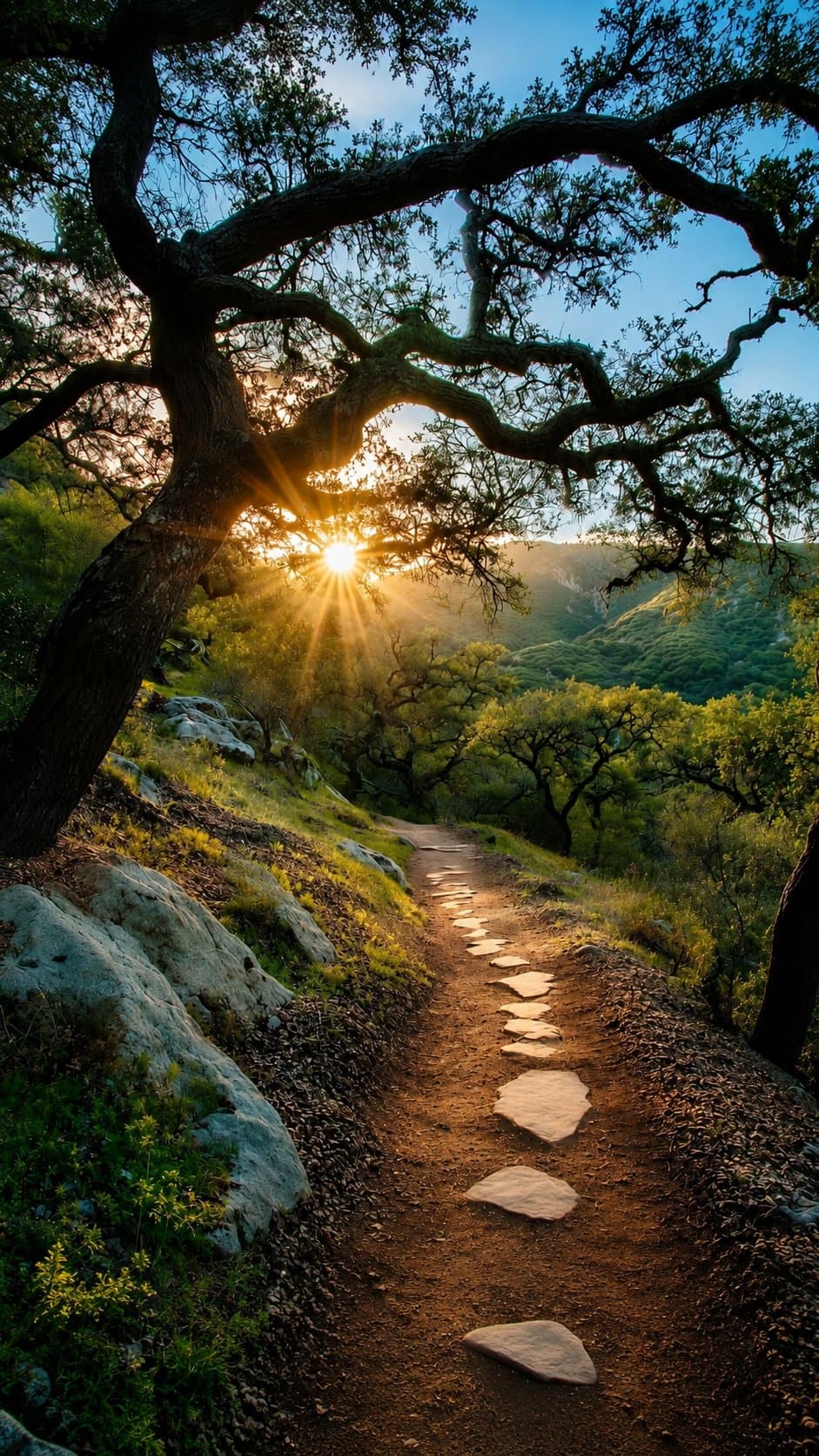 Cinematic nature photography of a winding forest trail at go