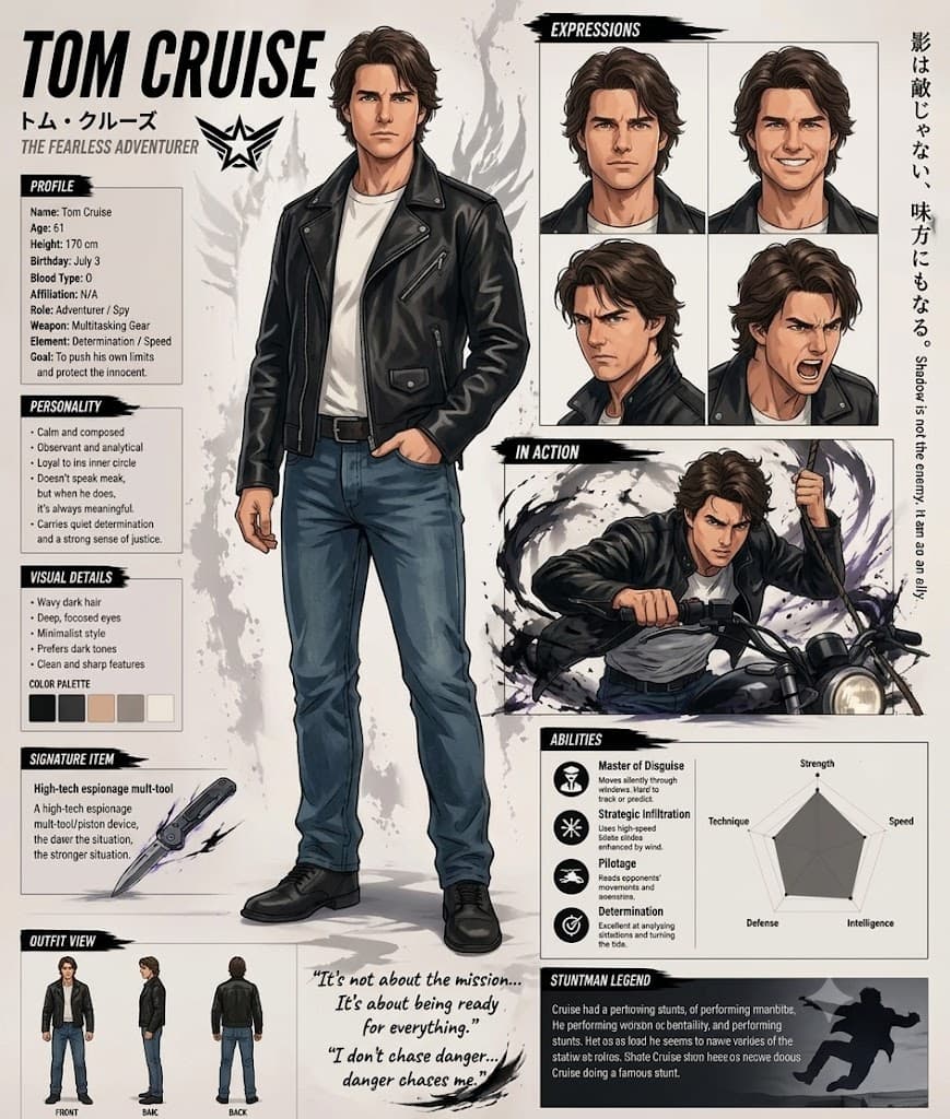 Anime-style character reference sheet of Tom Cruise on a par