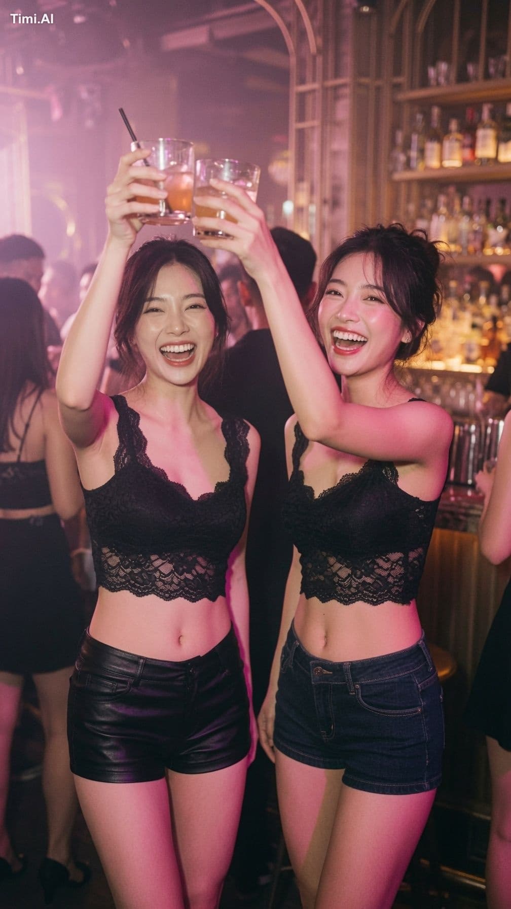 两位20多岁的年轻成年东亚女性并肩站在高档酒吧吧台前,画面从头顶拍至大腿中部。两人位于画面中央,身体靠近,面向镜头,各自