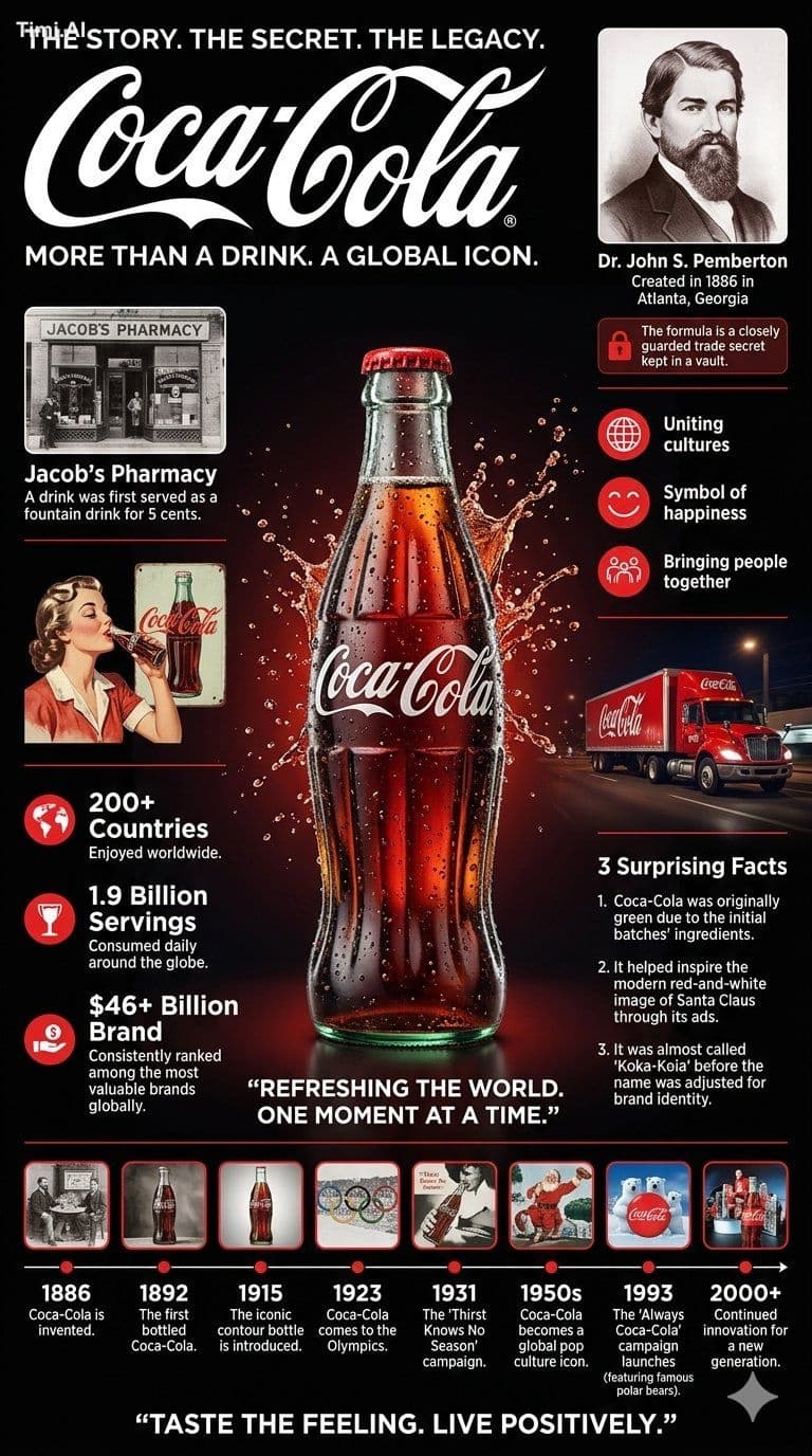 Create a cinematic infographic poster about Coca-Cola with a