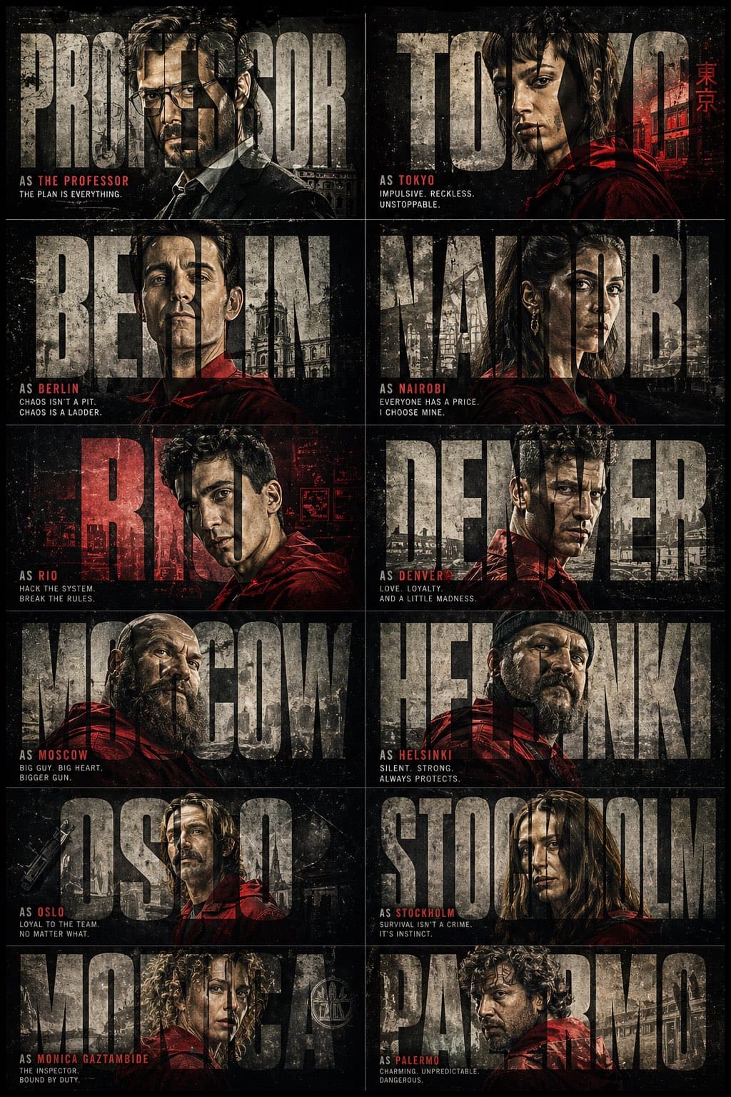 A cinematic poster of Prison Break featuring a 2x6 grid of 1