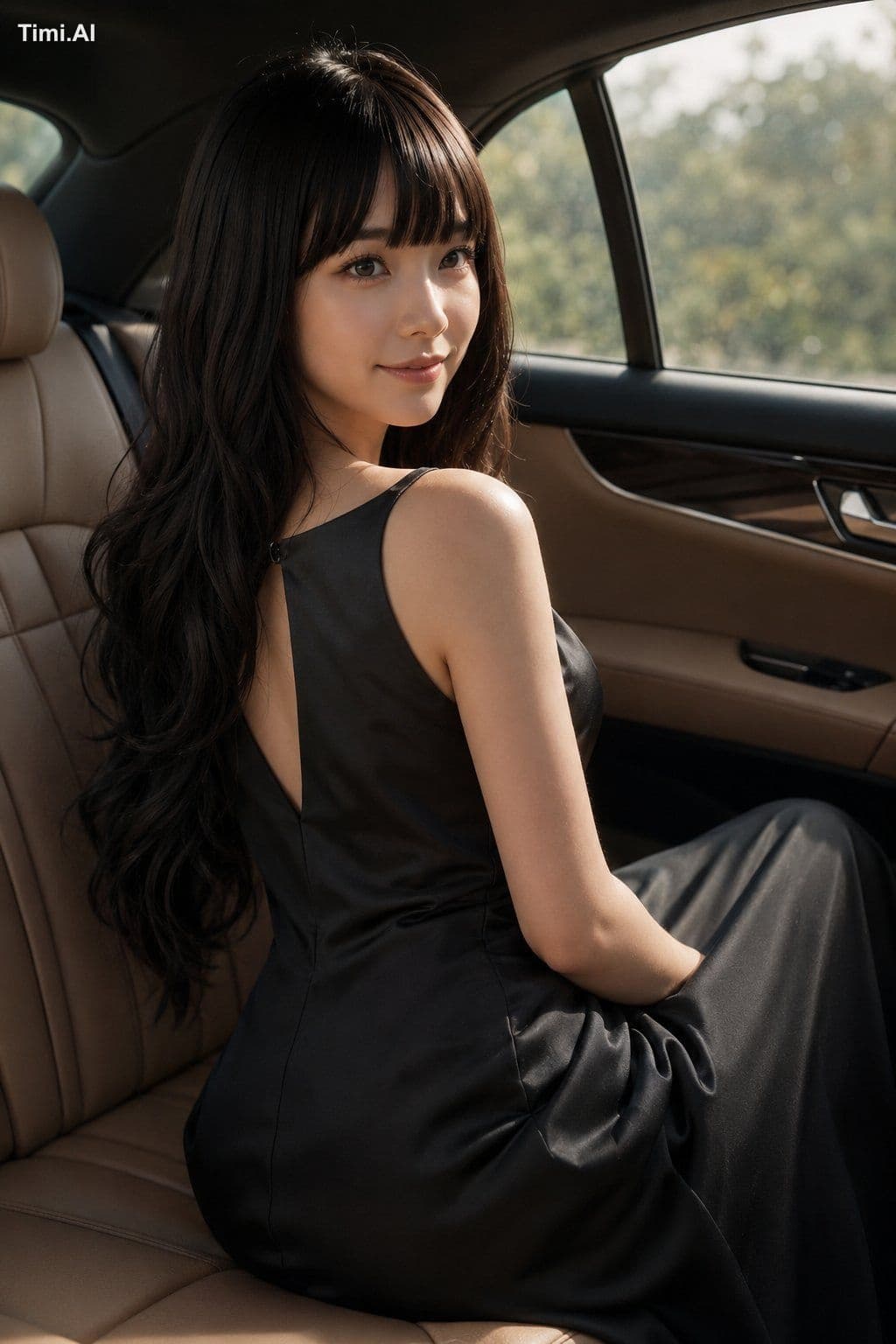 一位20多岁的年轻成年东亚女性侧身坐在高级轿车后排棕色真皮座椅上，画面从头顶拍至腰胯附近。人物位于中央略偏右，身体面向车