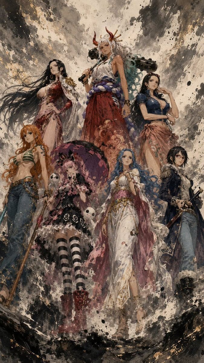 比例：9:16
风格：水墨+油画
人物：ONE PIECE中的Nami、Hancock、Robin、Perona、Yam
