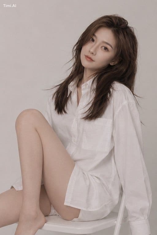 一位20多岁的年轻成年东亚女性站在浅暖灰色无缝摄影棚背景前,画面从头顶拍至大腿上部。人物位于中央略偏右,身体侧向画面左侧
