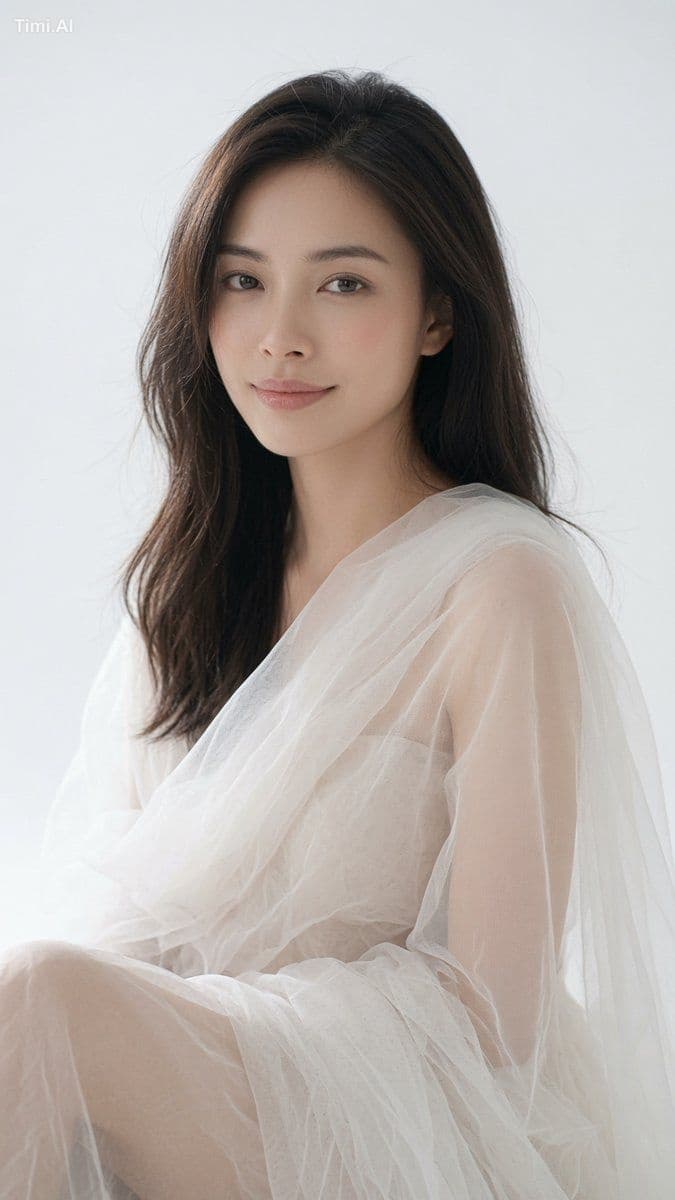 一位20多岁的年轻成年东亚女性侧身坐在纯白摄影棚内，画面从头顶拍至膝部附近。人物位于中央略偏右，身体以三分之二侧面朝向画