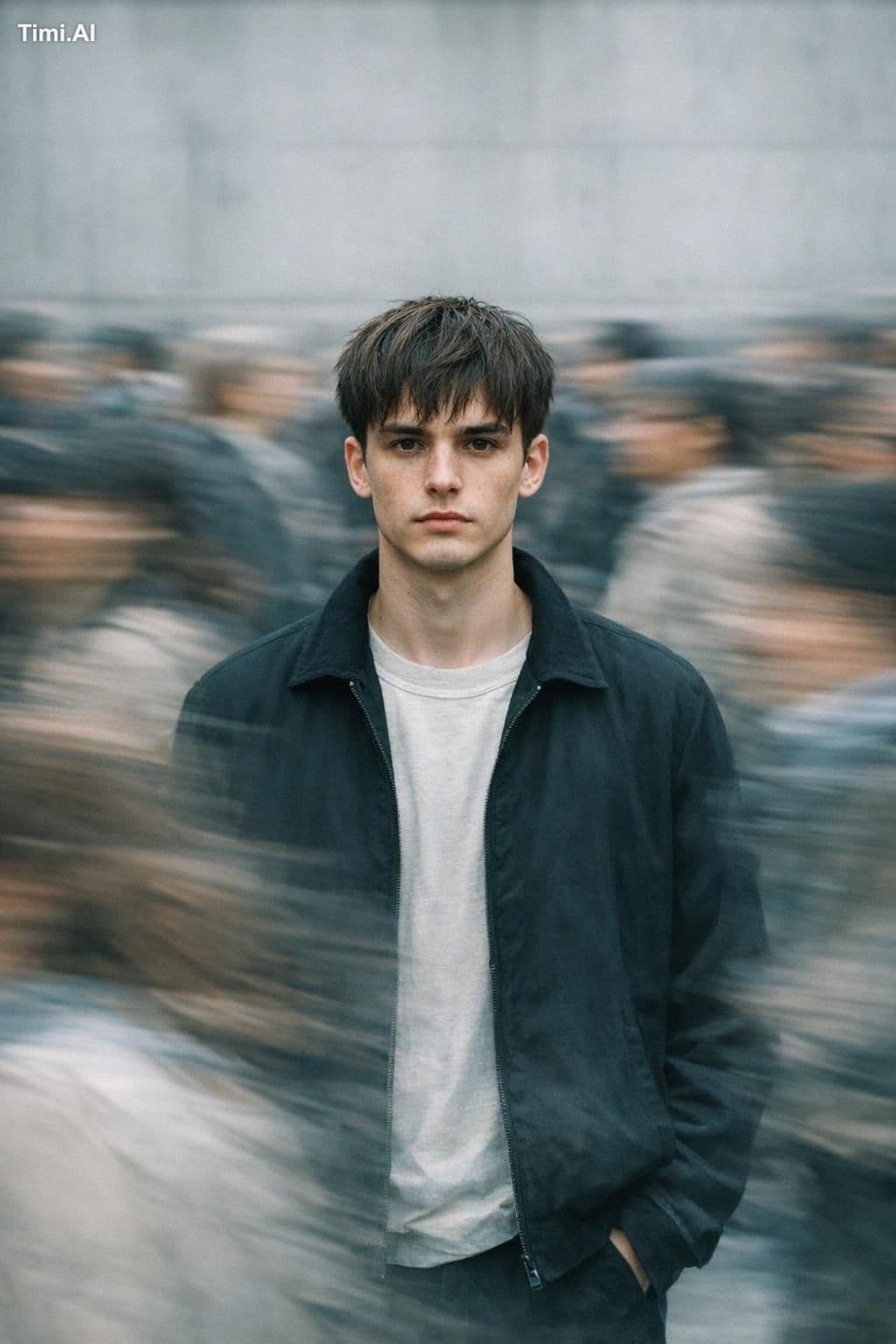 cinematic portrait photography, motion blur crowd effect, ur