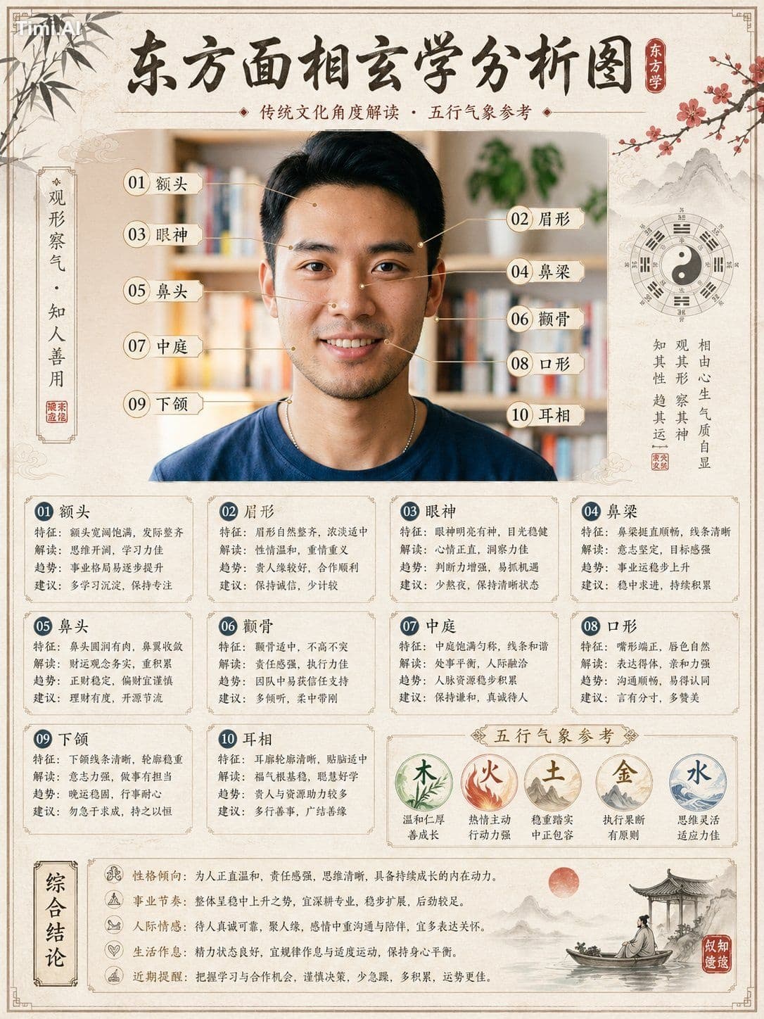 请根据我上传的【手部照片 / 面部照片 / 手脸组合照片】，创作一张高完成度、有设计感、适合分享的「东方玄学分析报告图」