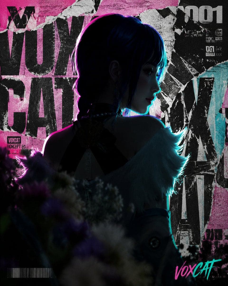 原创 VOXCAT 成年角色作为高概念科幻人物肖像，衣服吊牌写 VOXCAT，左上角 stylized V + 猫元素 