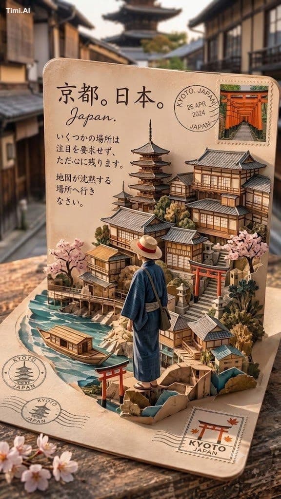 A highly detailed 3D pop-up postcard diorama of Kyoto, Japan