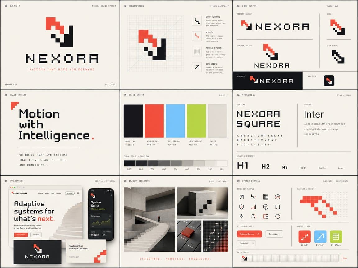 Create a premium 3×3 visual identity board for [BRAND NAME].