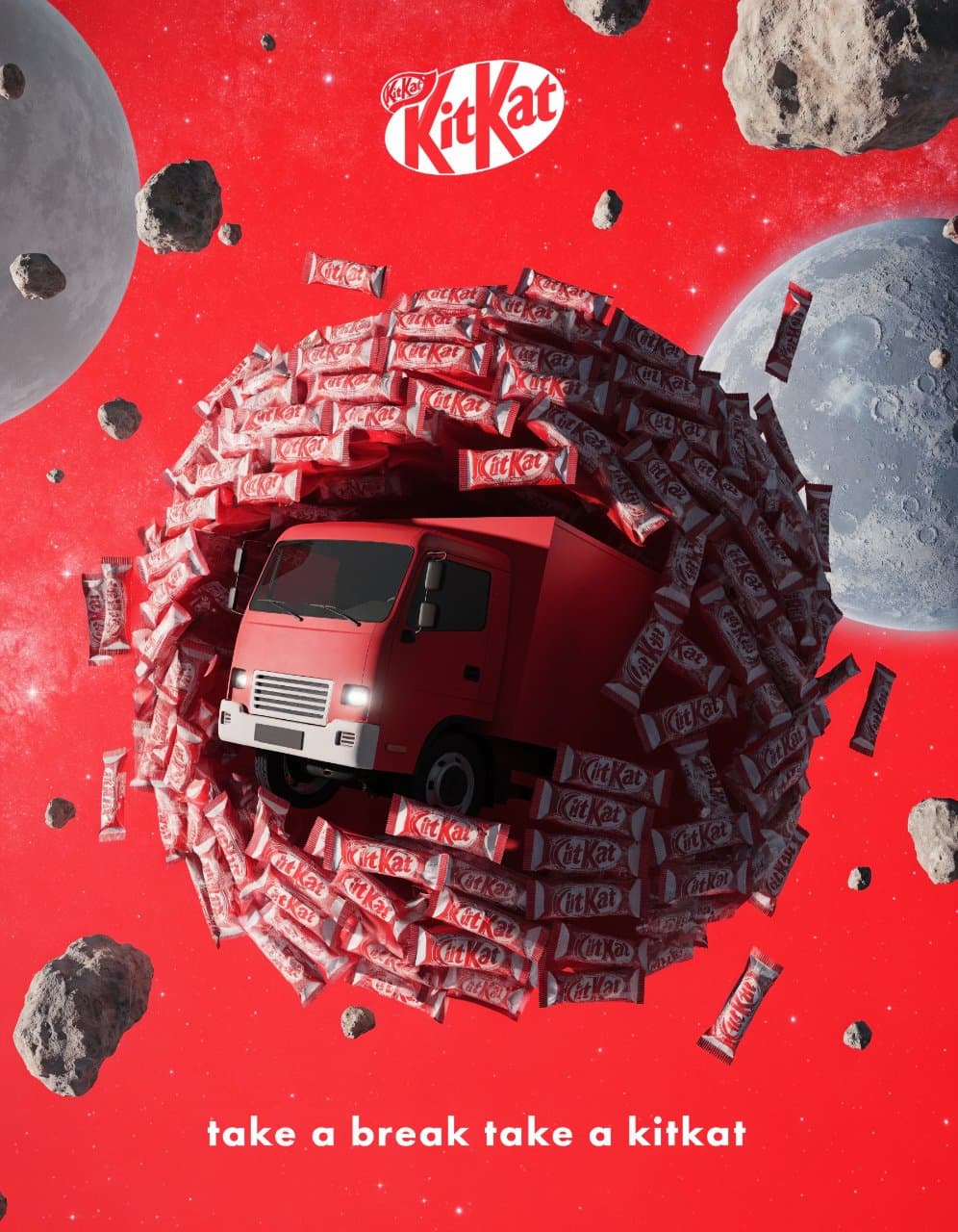 Creative 3D ad for [a kitkat big red truck lost in the space