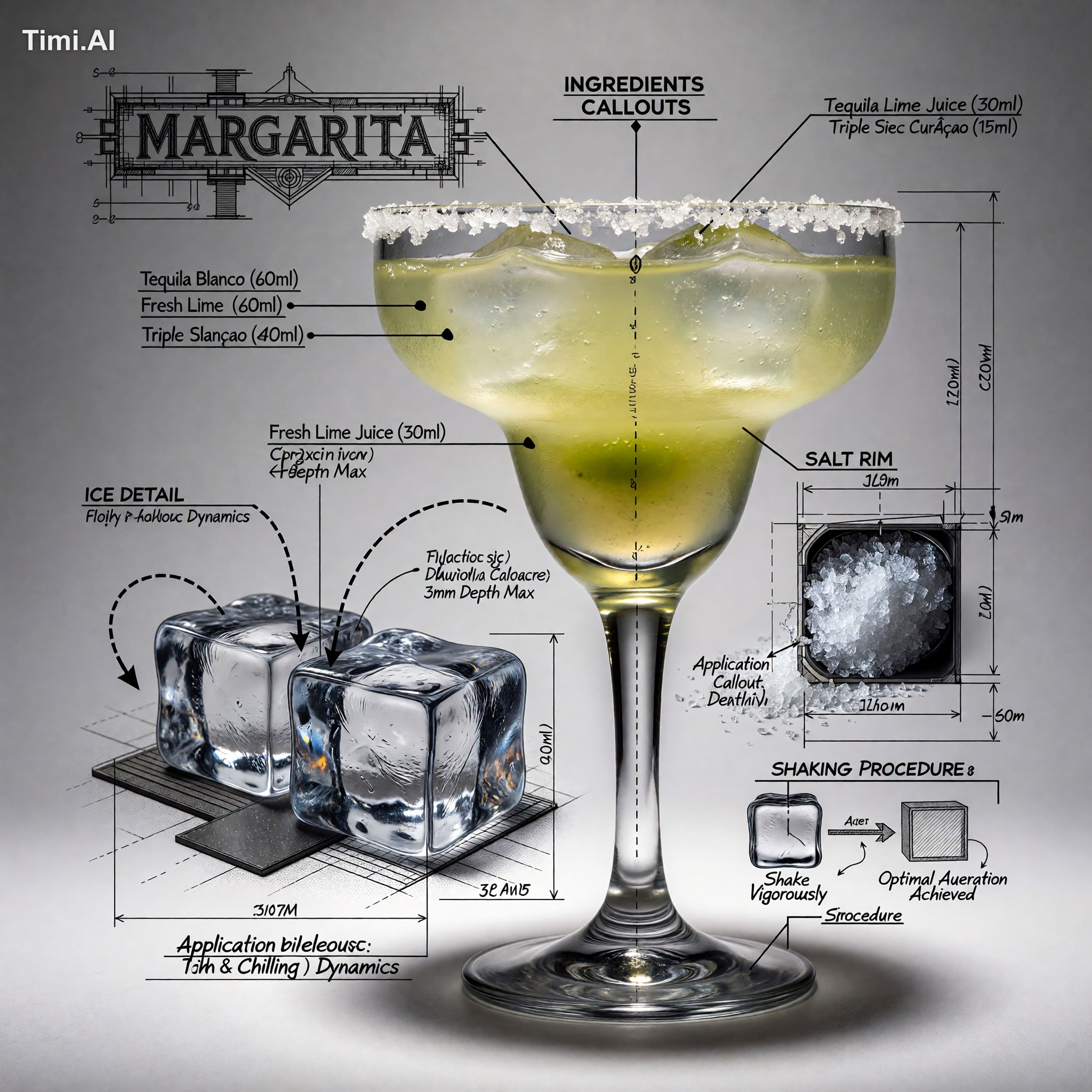Create a technical infographic of a Margarita cocktail, trea
