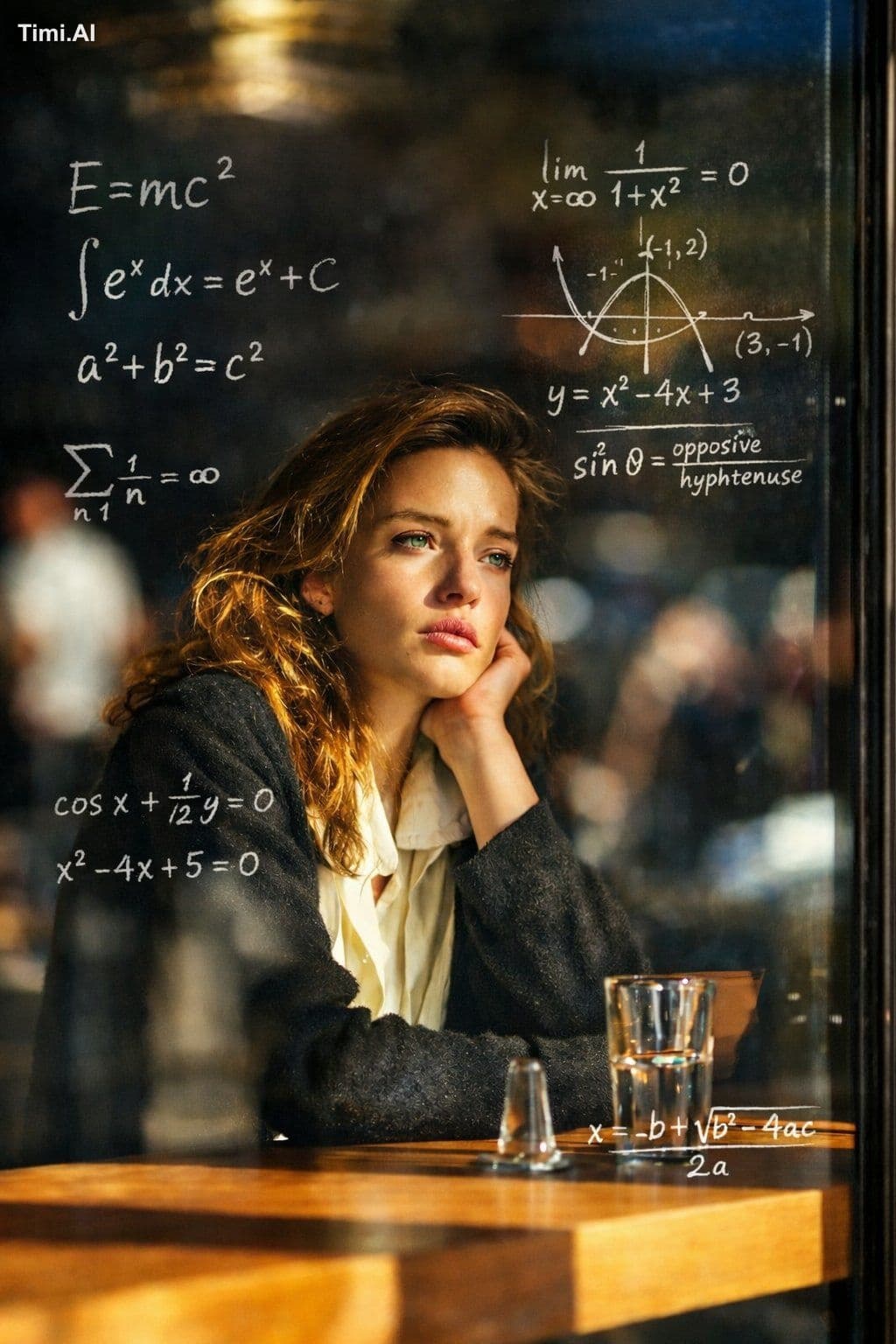 A cinematic, photorealistic scene of a thoughtful young woma
