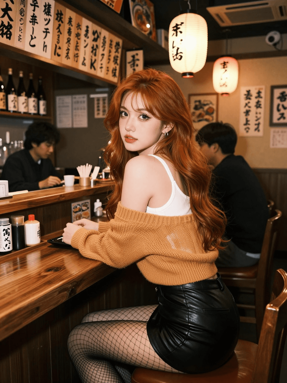 A beautiful young Irish female android with long honey red w