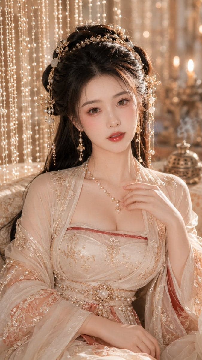 9:16 竖版，古风贵女高级水光美妆写真，唐风闺阁贵女人像，大半身近景，正面微侧构图，人物坐在华丽软榻或闺阁座椅上，脸部