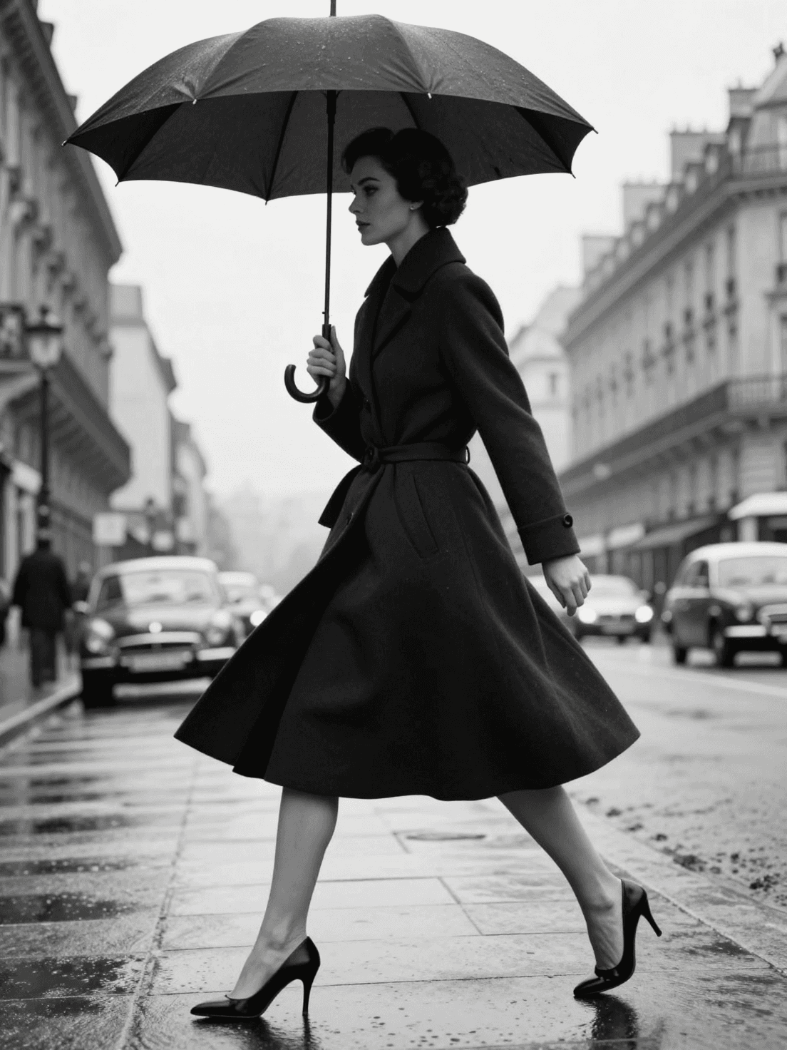 Create a black-and-white high-fashion editorial street photo