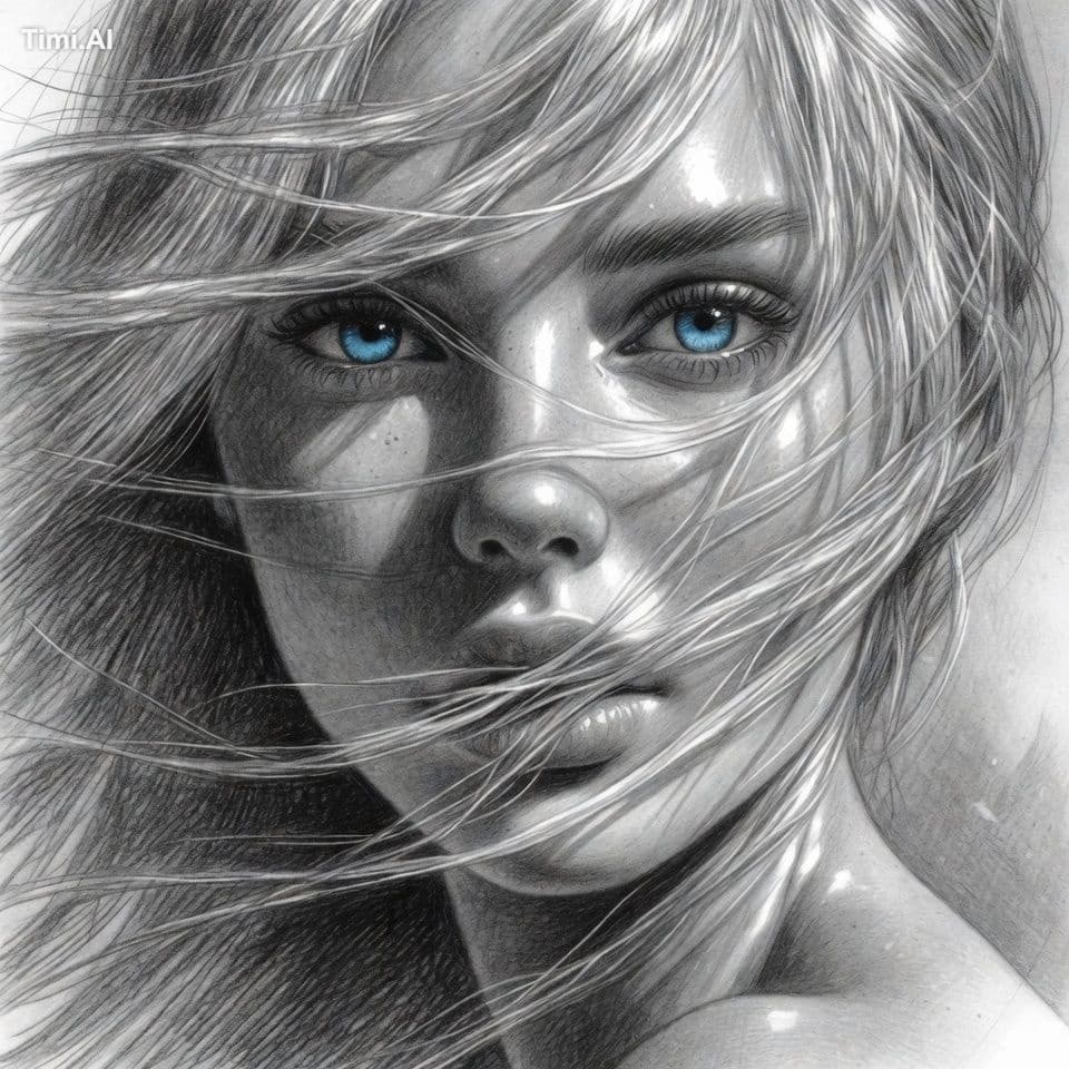 A serene portrait of a woman with flowing silver hair and pi