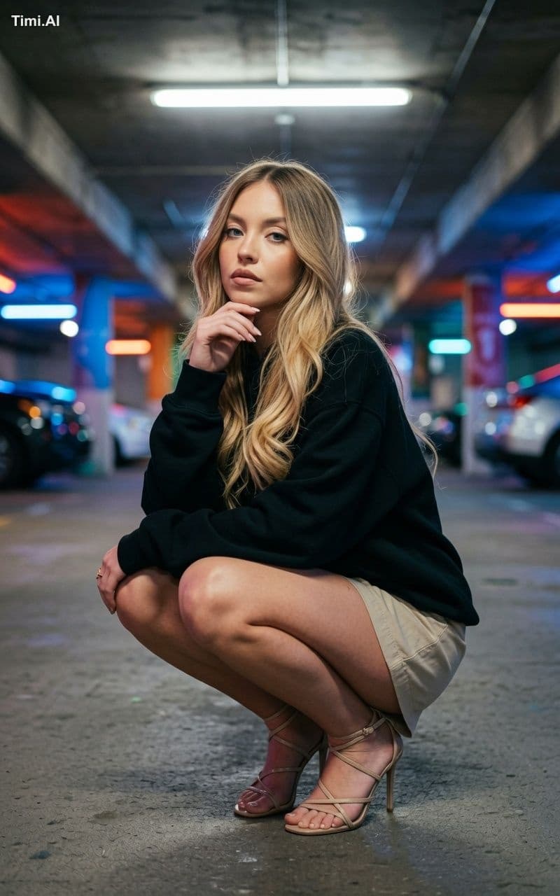 A young woman with long blonde hair squats in a parking gara