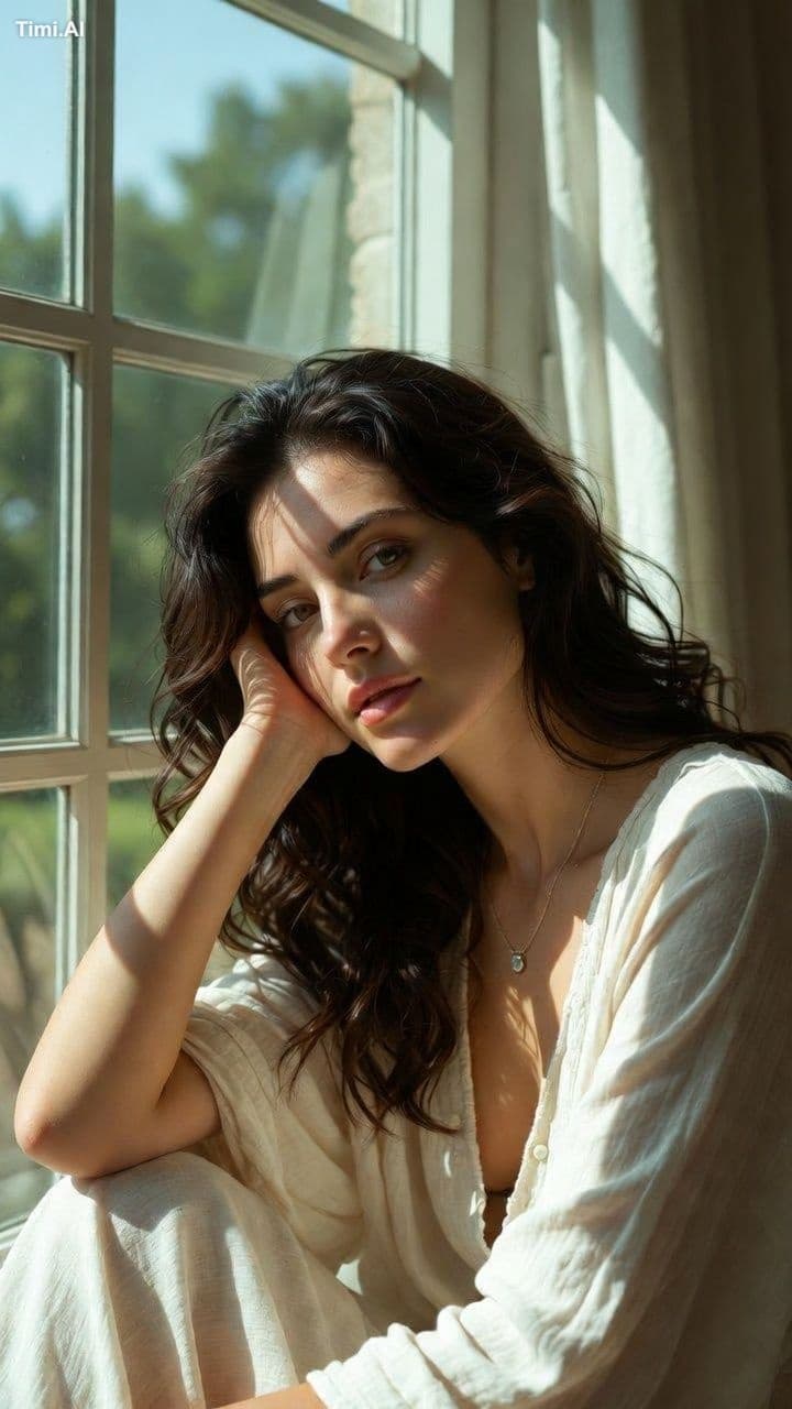Natural window light portrait, beautiful woman sitting by a 