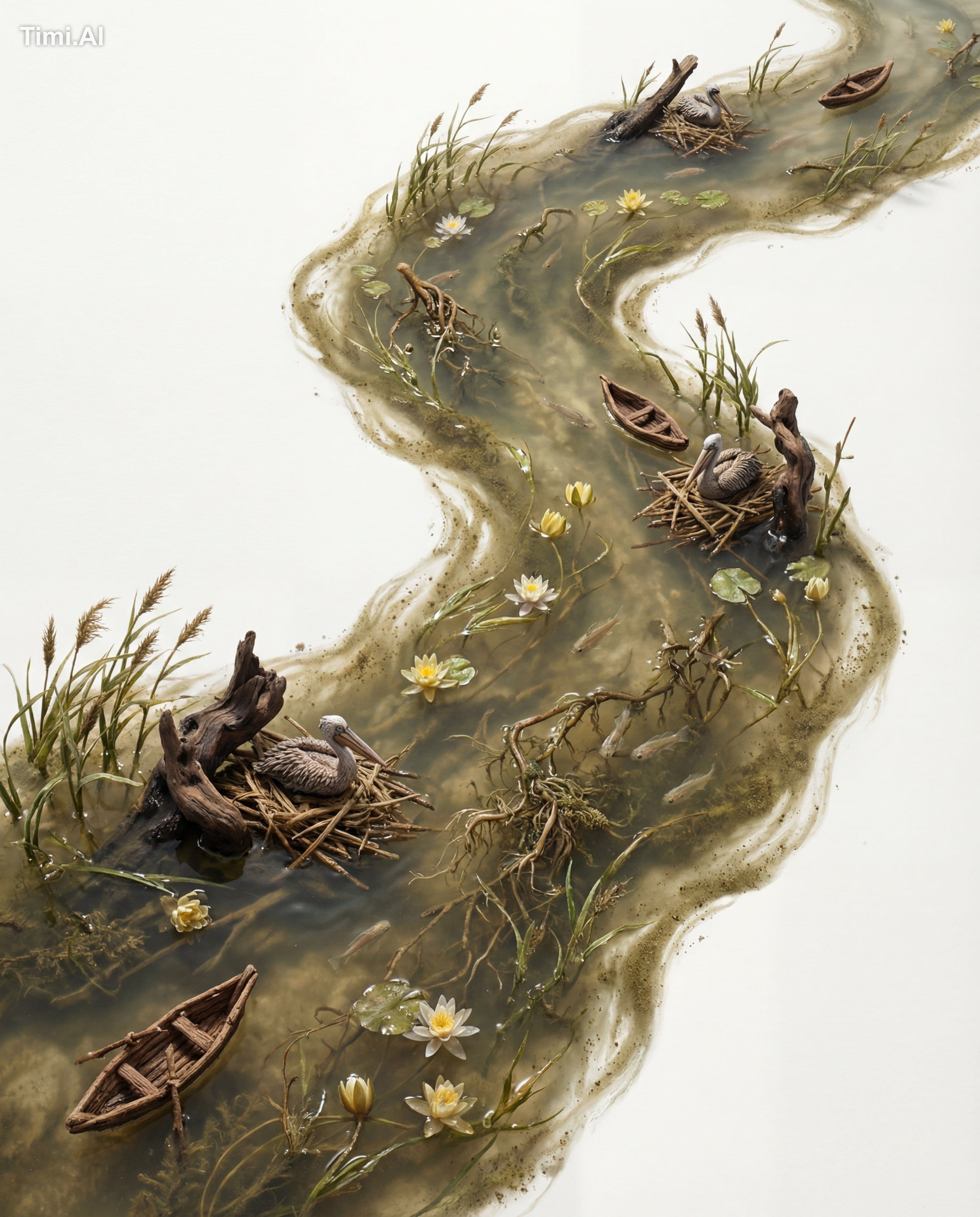 A slow-moving current of silty water, reeds, and water lilie