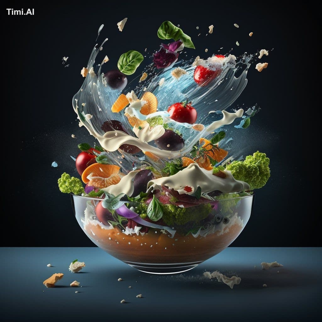 Delicious salad, floating in the air, cinematic, food profes