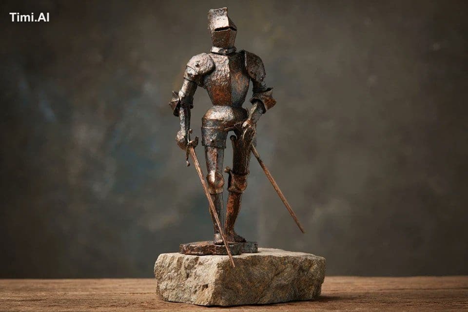 A hand-forged metal figurine of a [subject], assembled from 