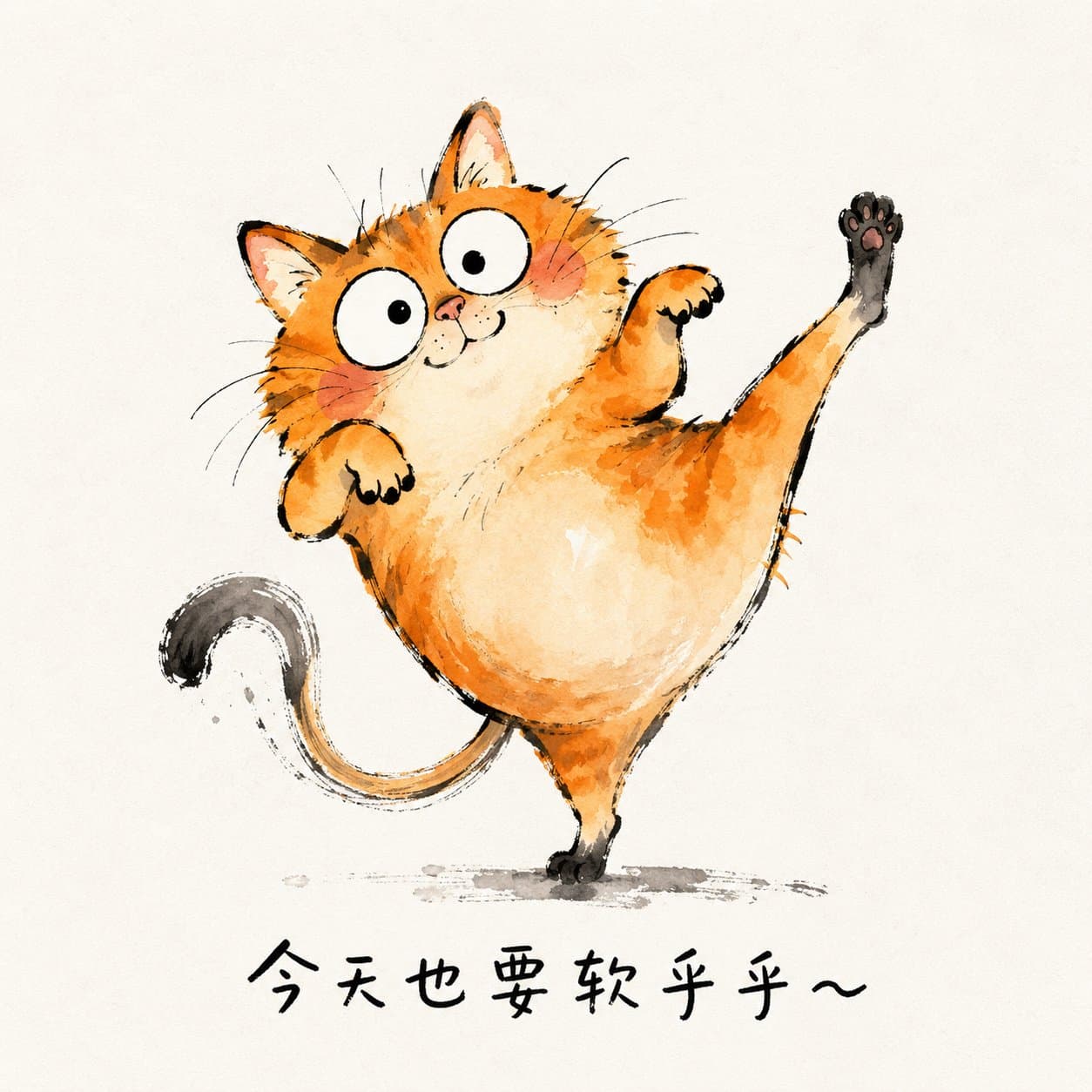 cute chubby orange tabby cat in a playful pose, watercolor a