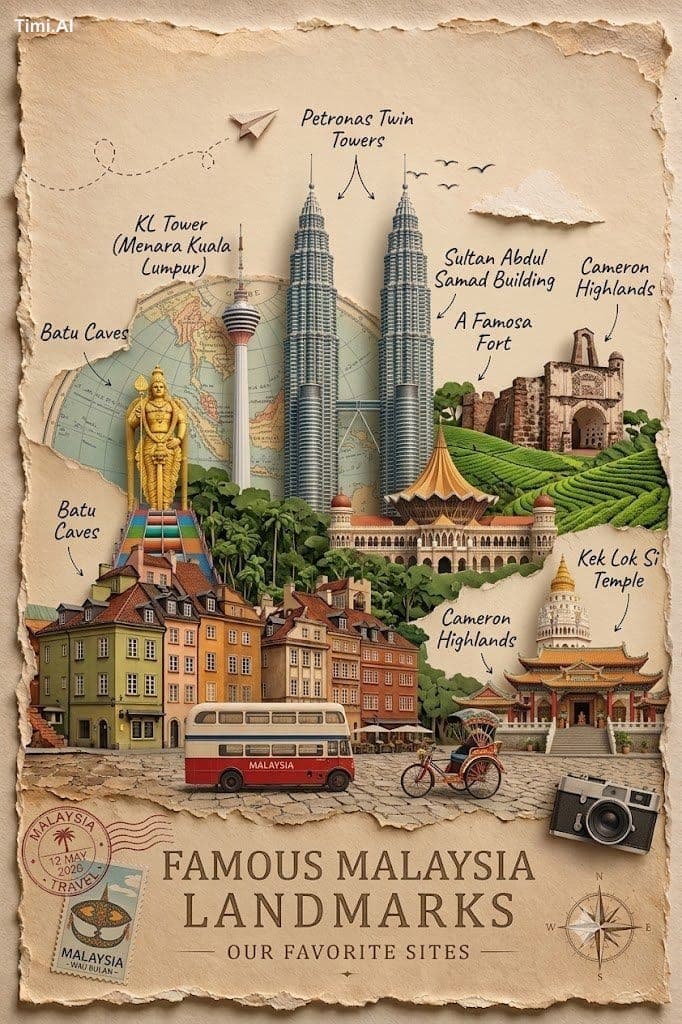 Create a vintage scrapbook-style travel poster of Malaysia w
