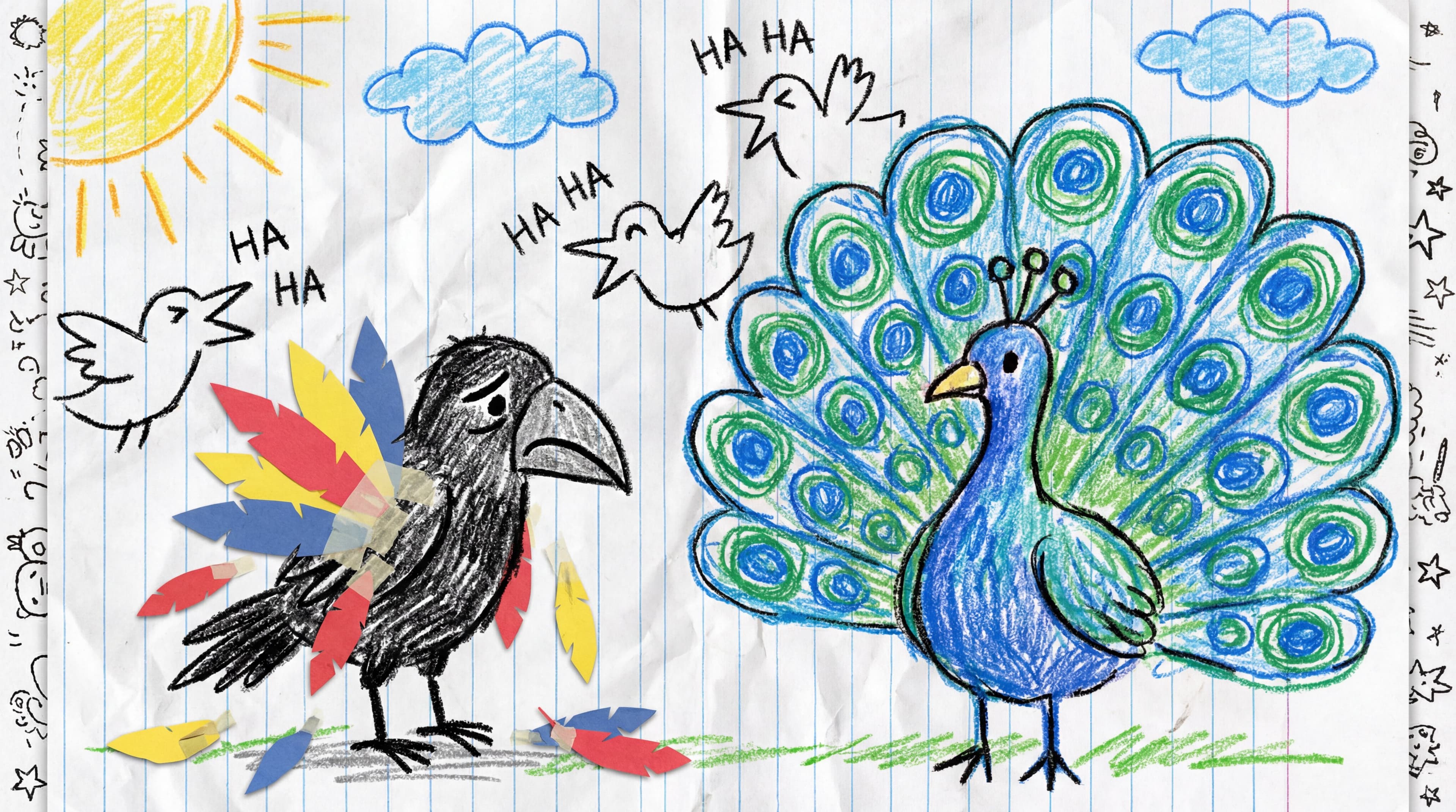 A child's crayon drawing on white lined notebook paper. [DES