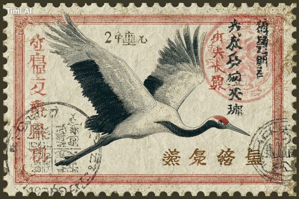 A Japanese-inspired postage stamp featuring a [subject], fra