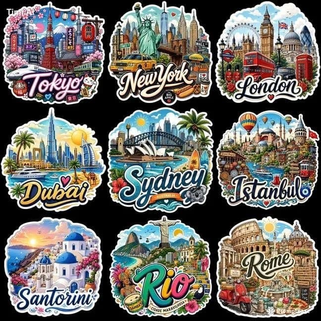 Create a premium 3×3 travel sticker sheet on a solid black b