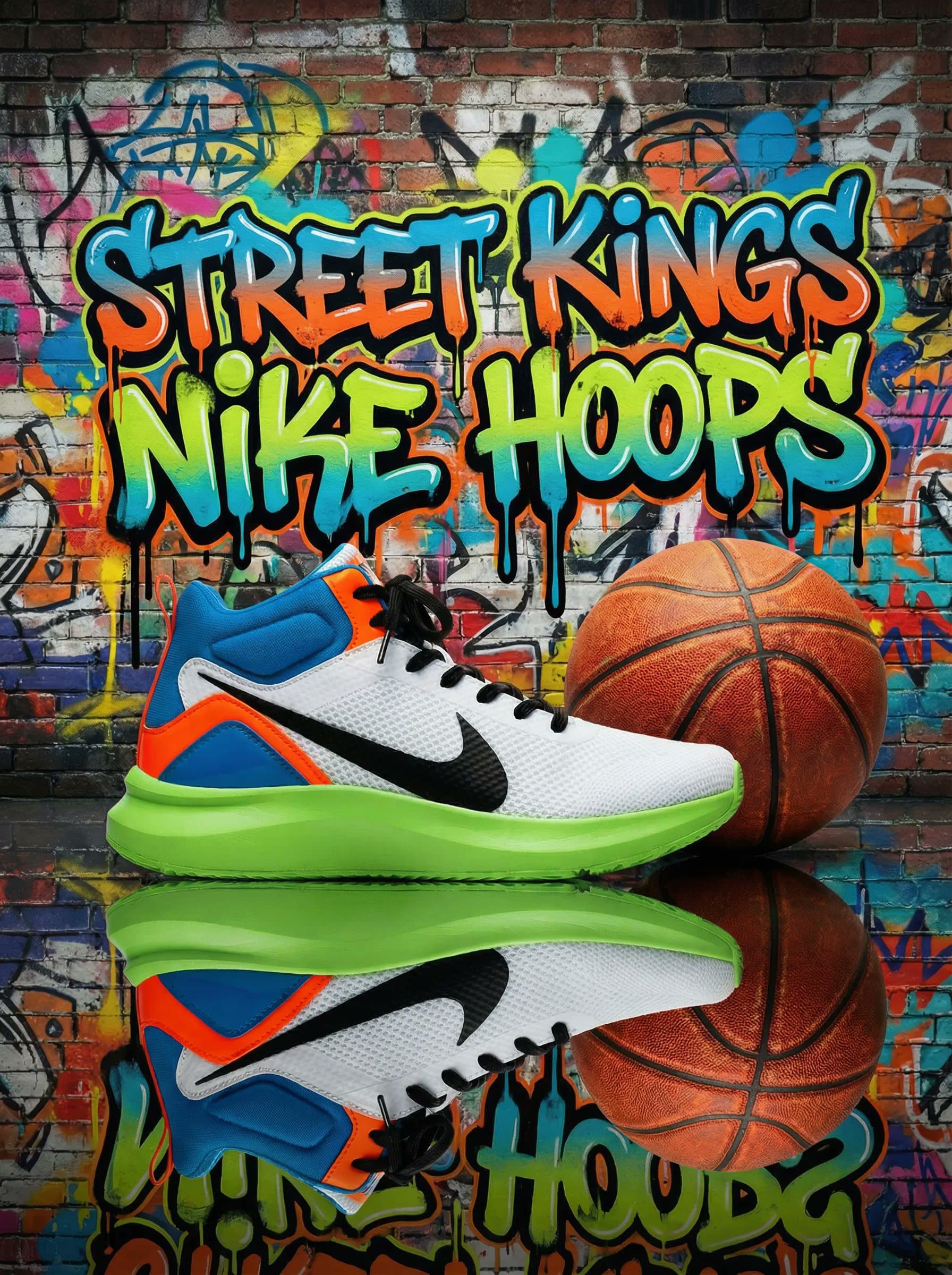 A Nike basketball shoe next to a basketball on a reflective