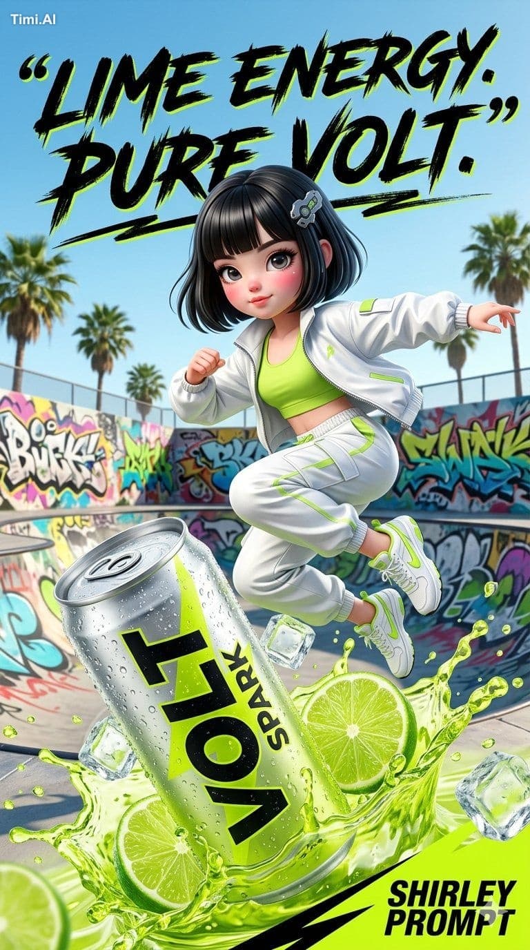 A dynamic high-energy beverage advertisement poster for an e