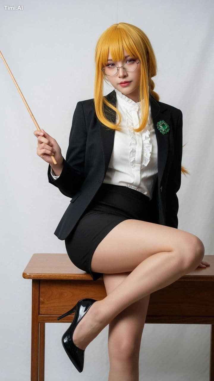 Photorealistic cosplay of Makima from Chainsaw Man as a teac