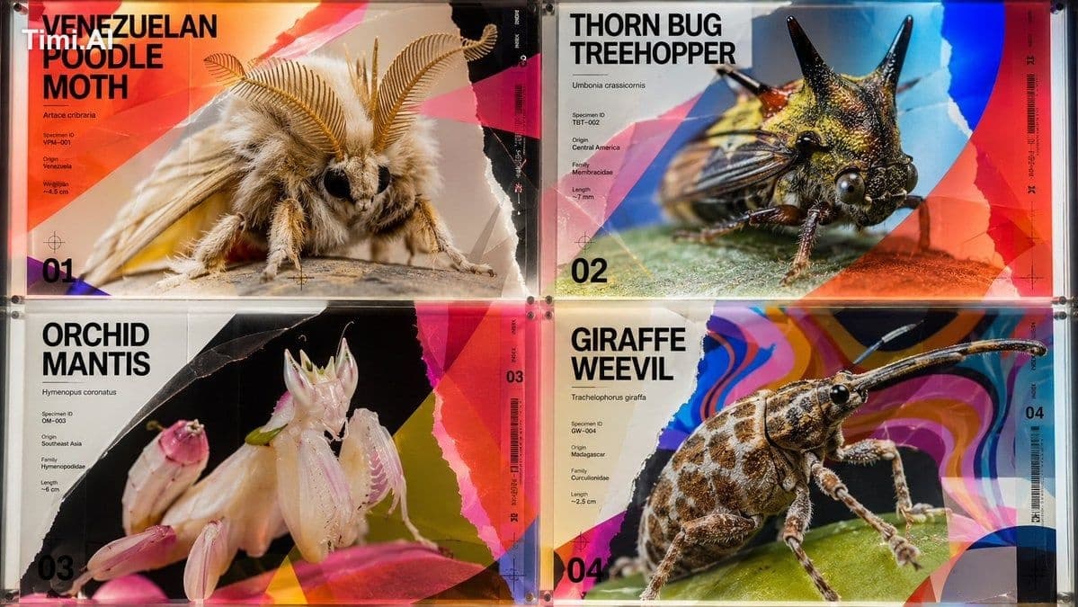 2x2 grid, 16:9, do this for strange rare insects; class Acet