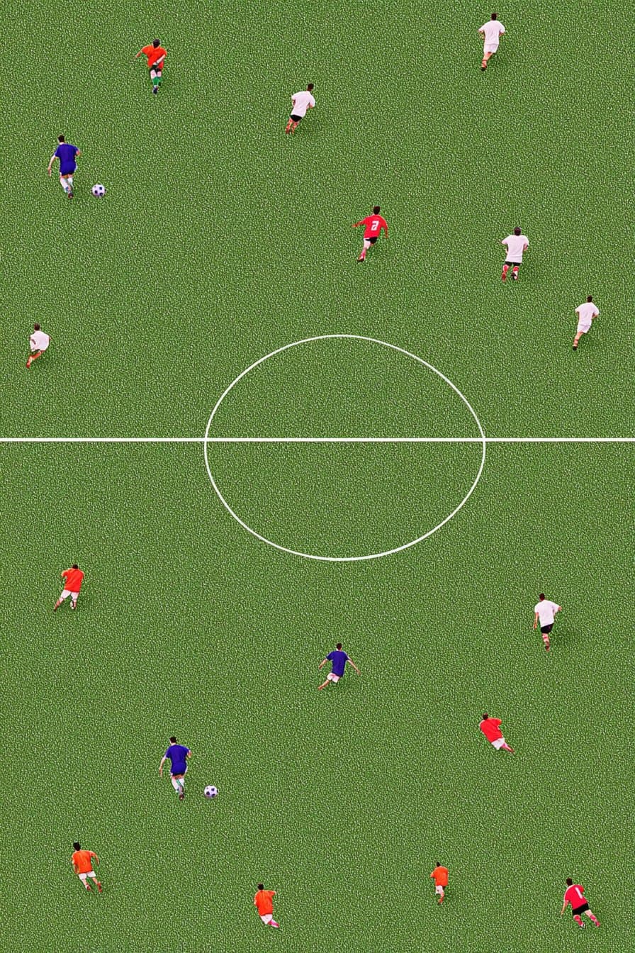 aerial view of a soccer game with multiple players on a gree